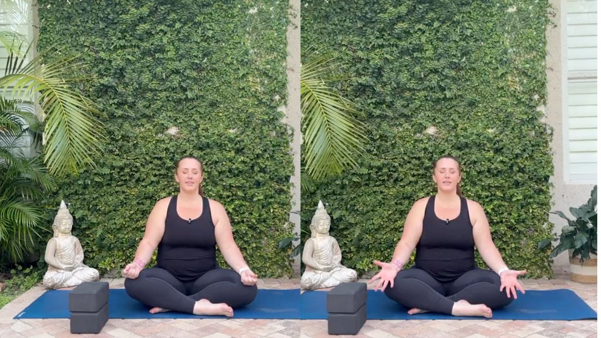 Woman practicing on yoga mat opening and closing palms.