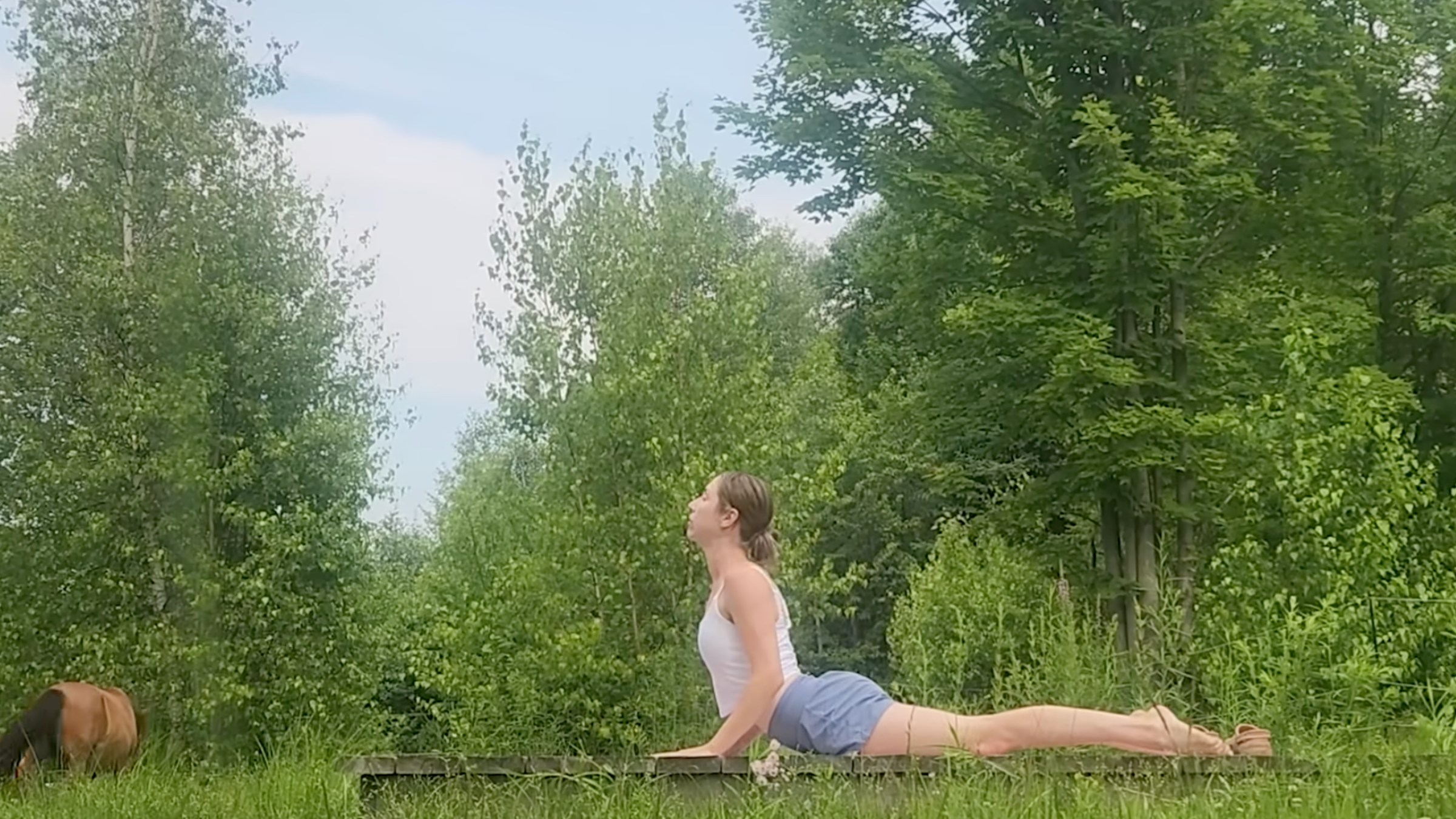 woman in cobra yoga pose on outdoor platform in front of trees and horse