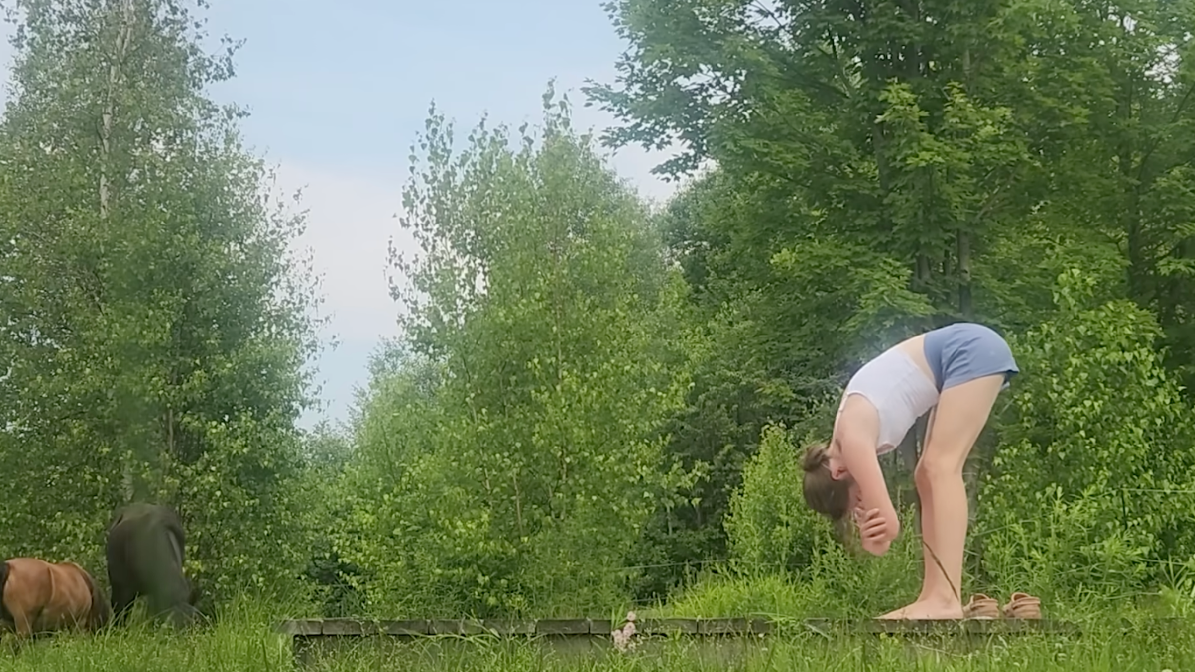 woman stands in forward fold yoga pose with elbows clasping each other, outside on wooden platform in front of trees and horses
