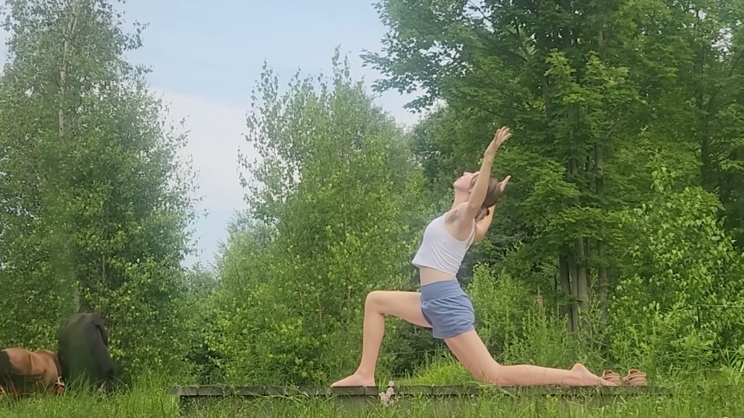 woman in low lunge yoga pose outside on wooden platform with trees and horses in the background