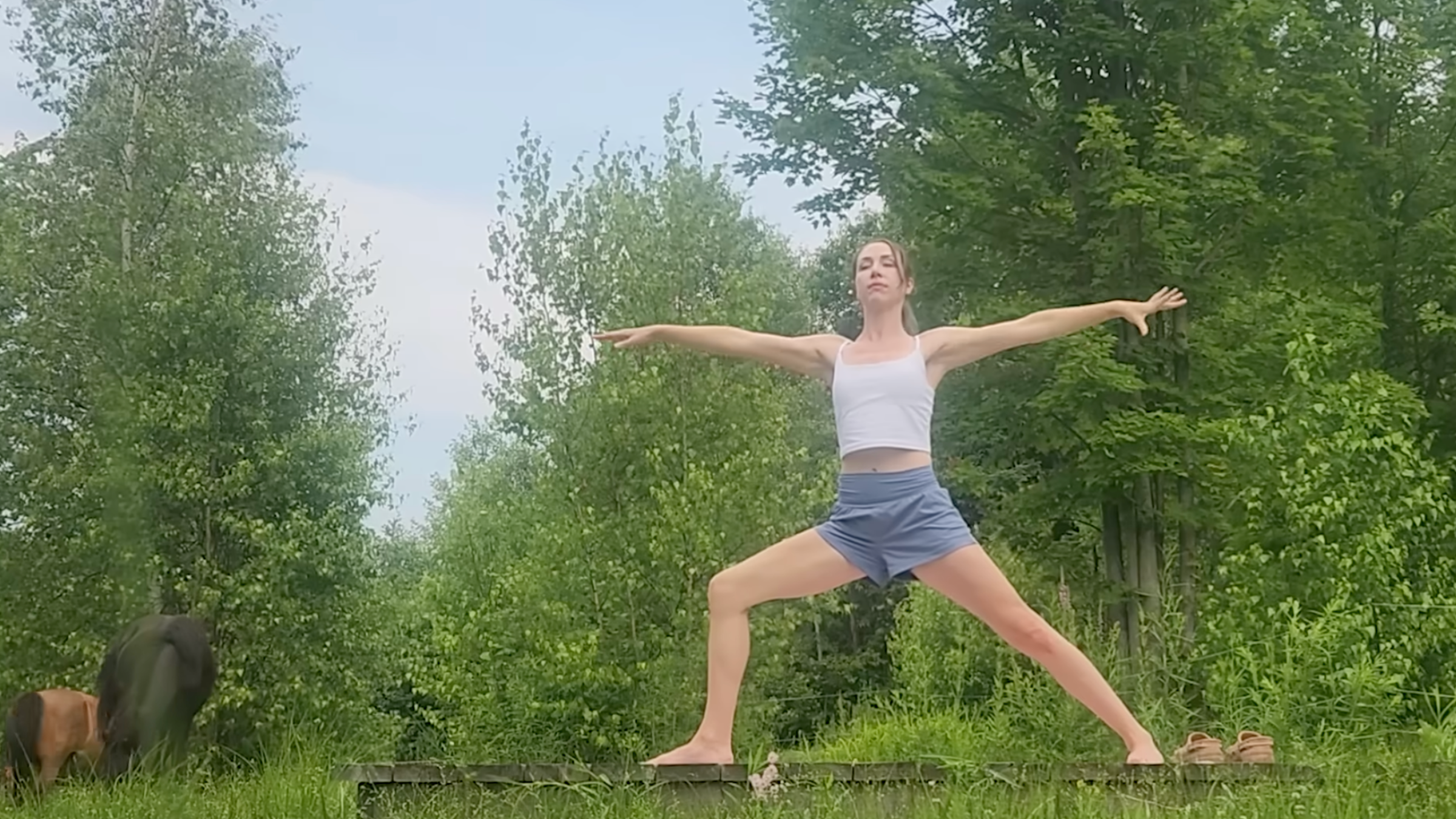 woman in warrior 2 yoga pose outside on wooden platform in front of trees and horses