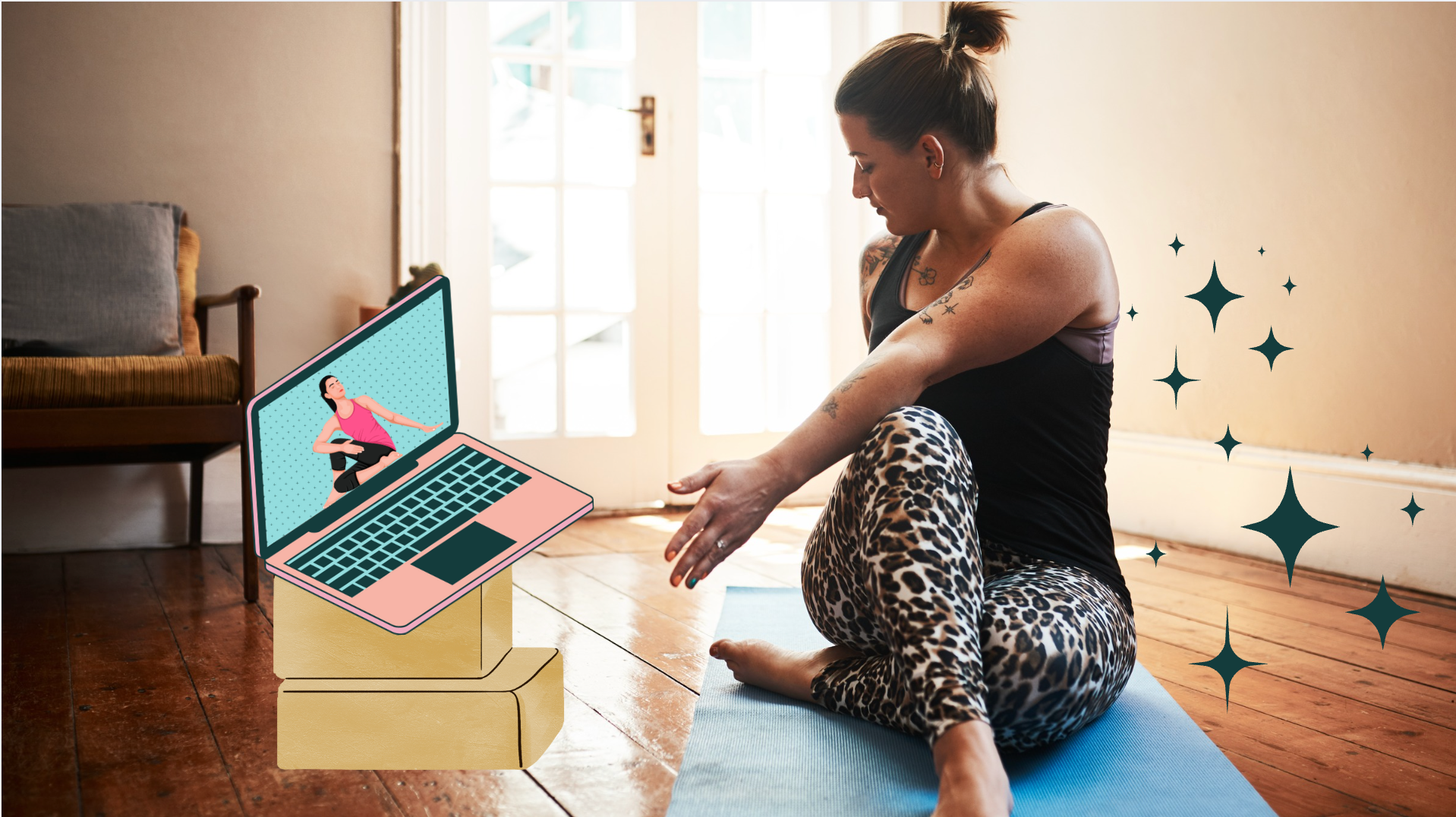 Woman practicing a spinal twist on a yoga mat with illustration of laptop and stars.
