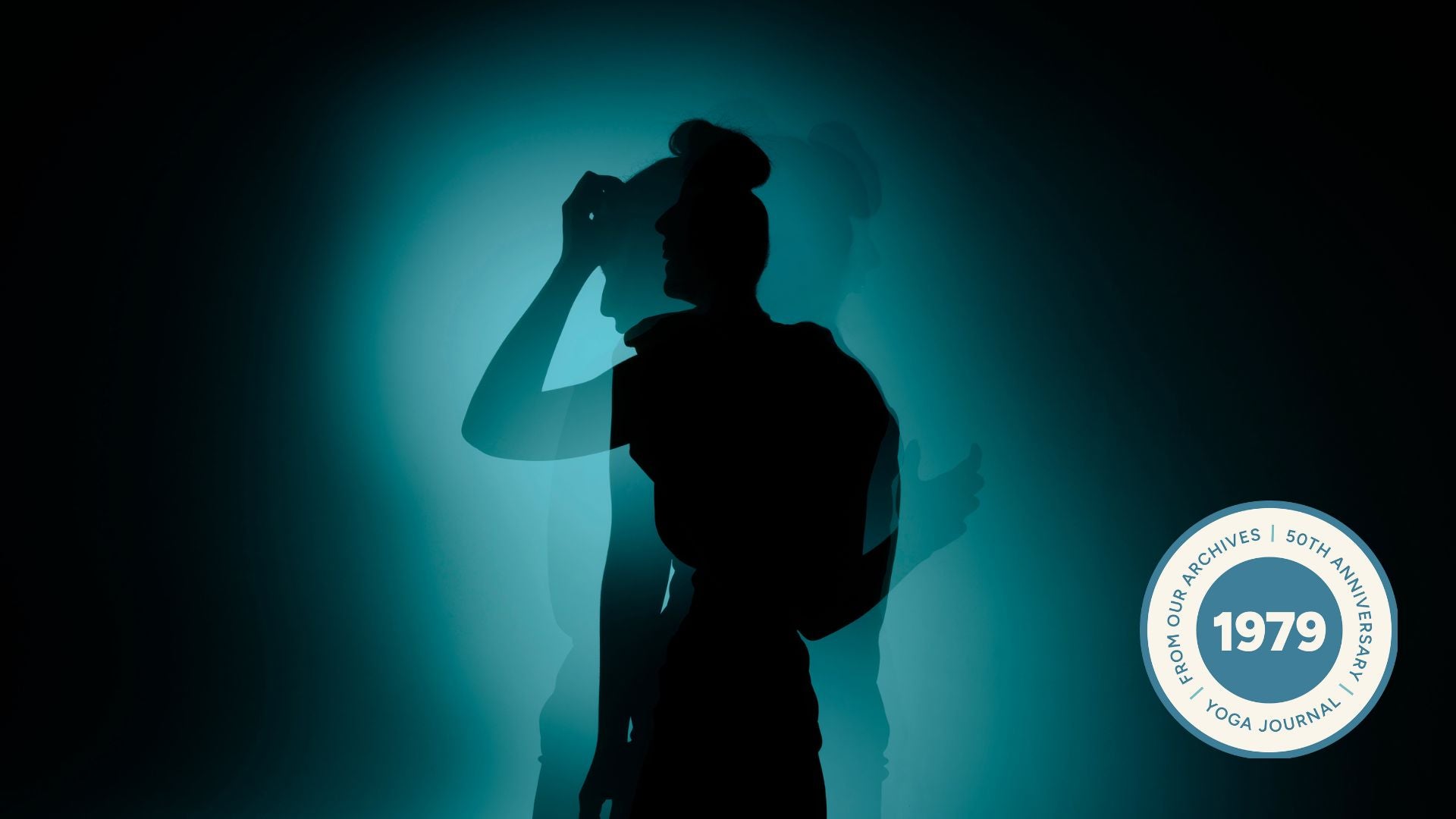 Dramatic image of silhouetted woman holding her head in her hands in front of a black and green background.