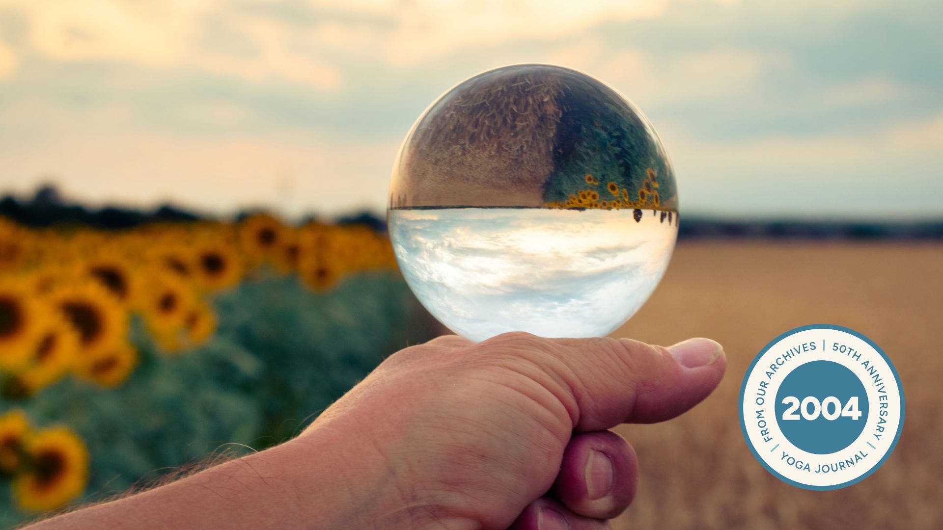 Nature scene with sunflowers on the left-hand side and a brown grassy field on the right-hand side. A person's hand holds up a glass orb that inverts the image of grass and sky.