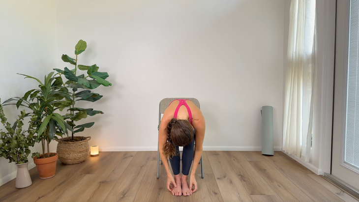 Teacher Devi Daly in Child's Pose