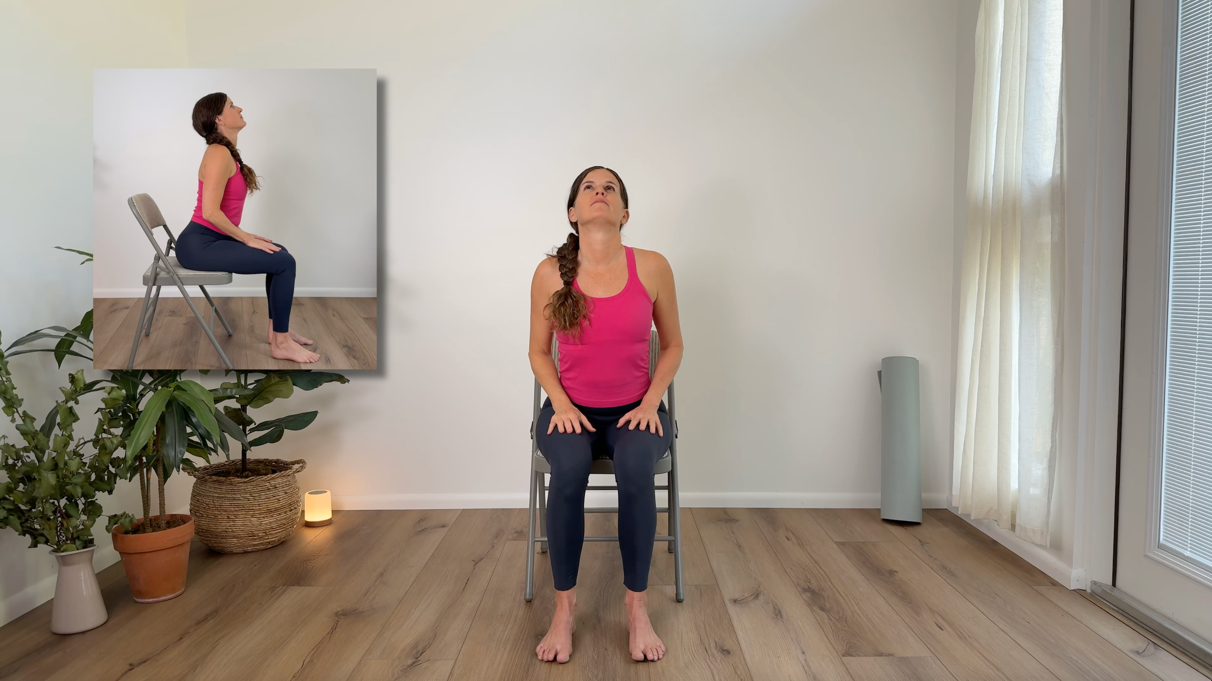 Teacher Devi Daly in Cow Pose, part of her chair yoga practice