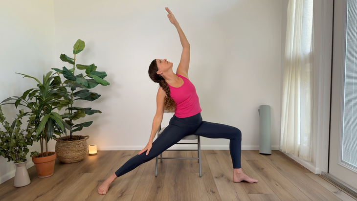 Teacher Devi Daly in Reverse Warrior