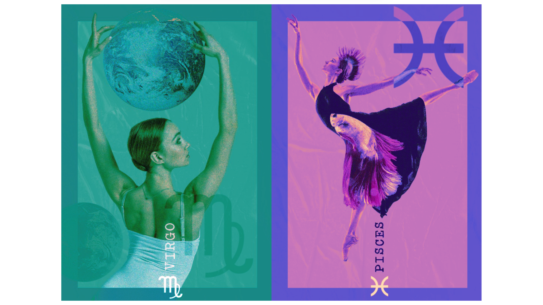 Photo illustration collages of the sign Virgo and Pisces