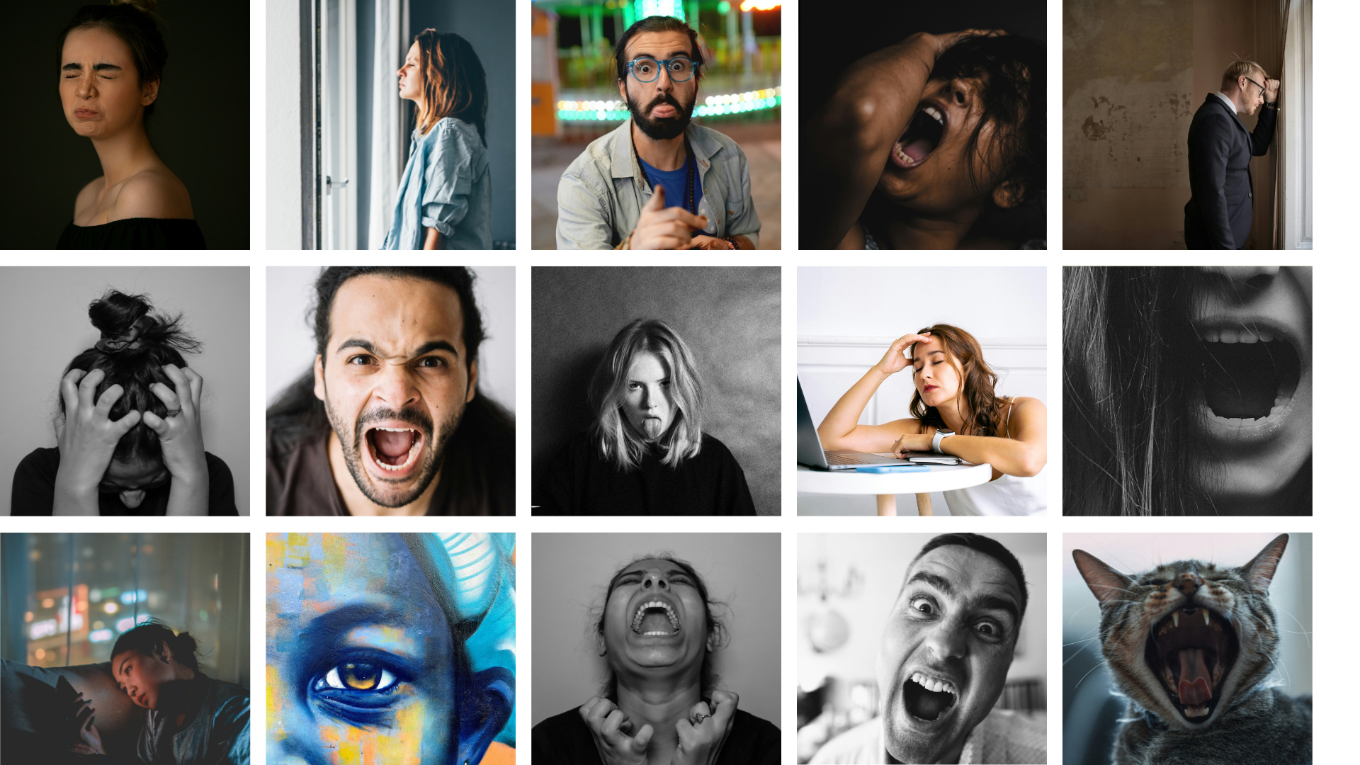 Grid of images of various individuals expressing frustration and managing anger