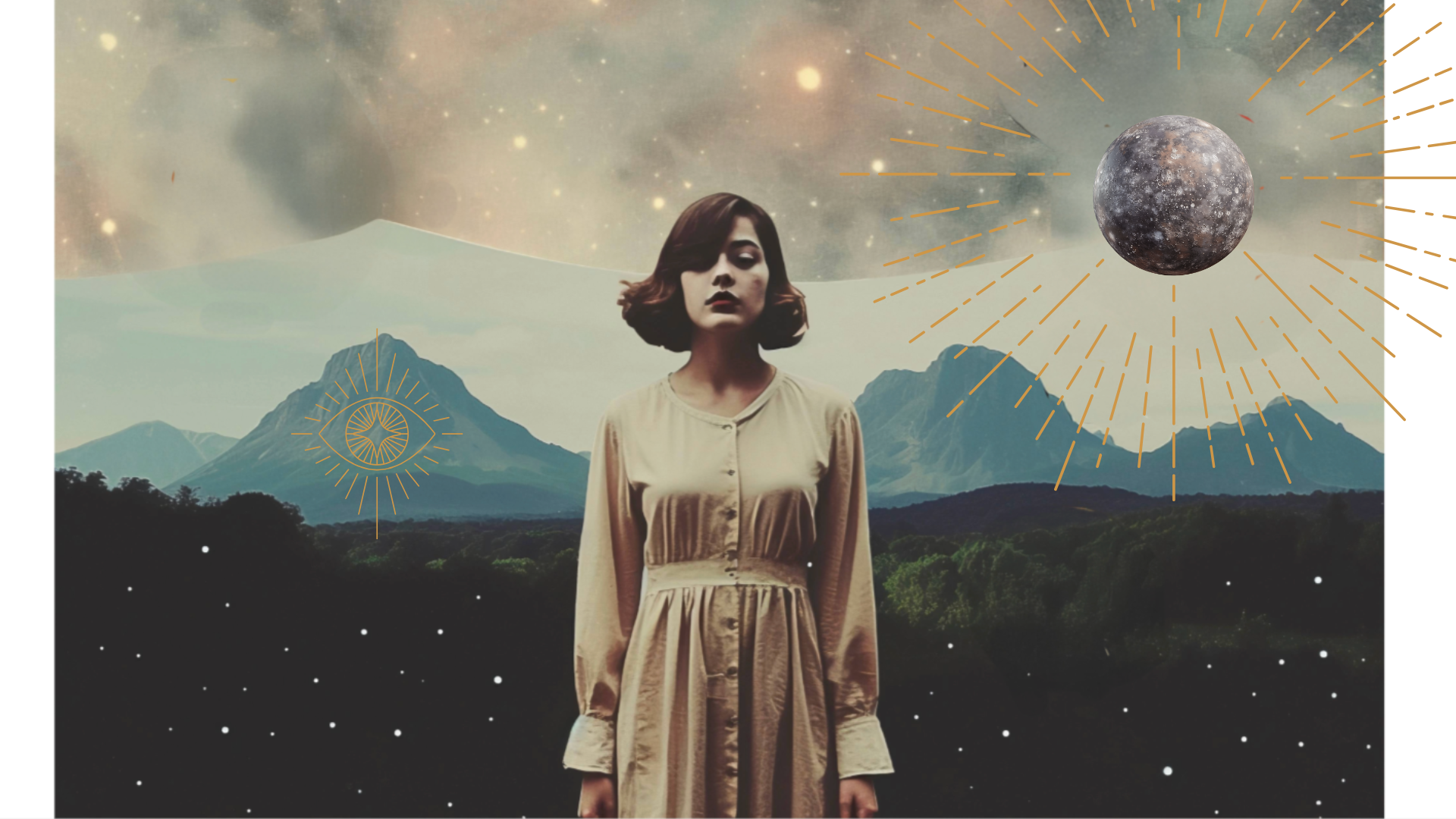 Collage of a woman being influenced by mercury cazimi.