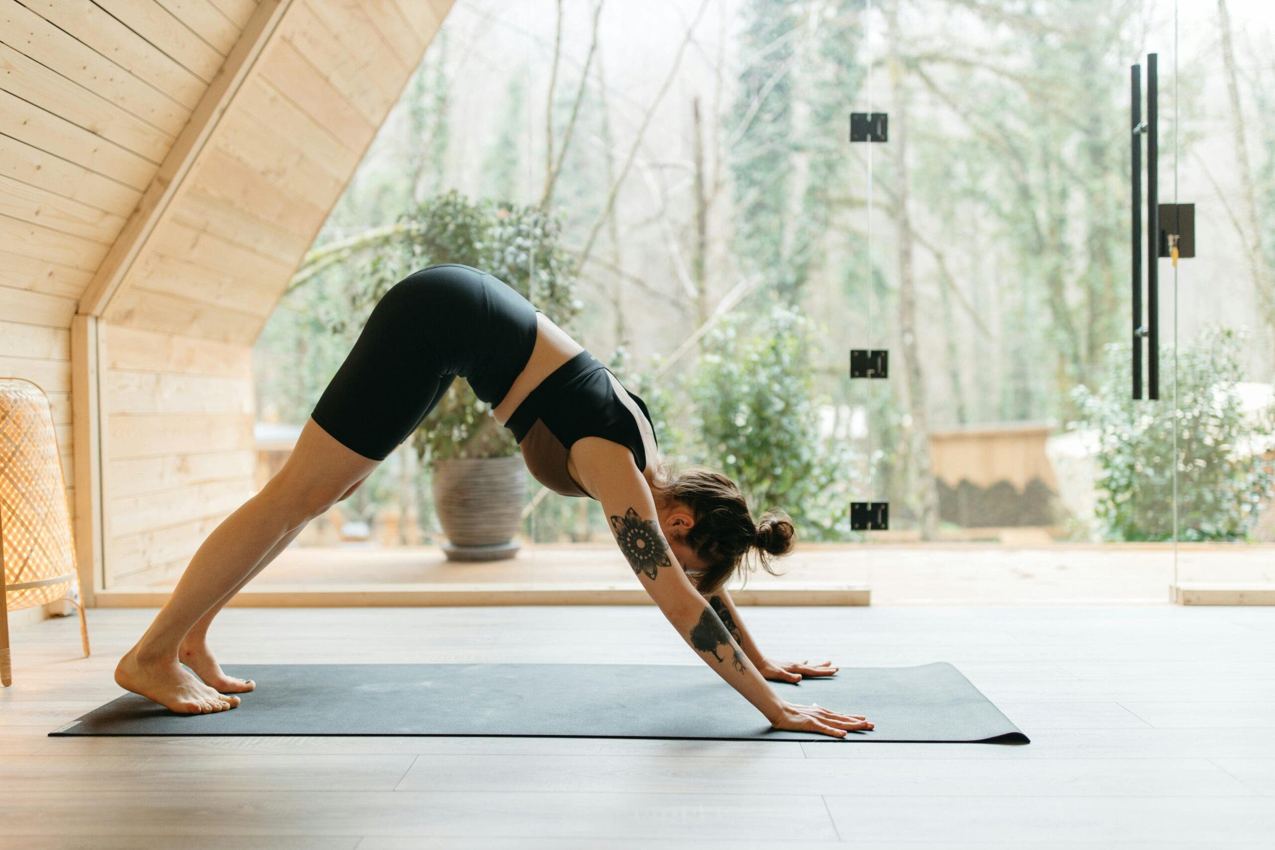 Woman practicing Downward Facing Dog in yoga studio with view of green trees and daylight through the glass wall behind her.