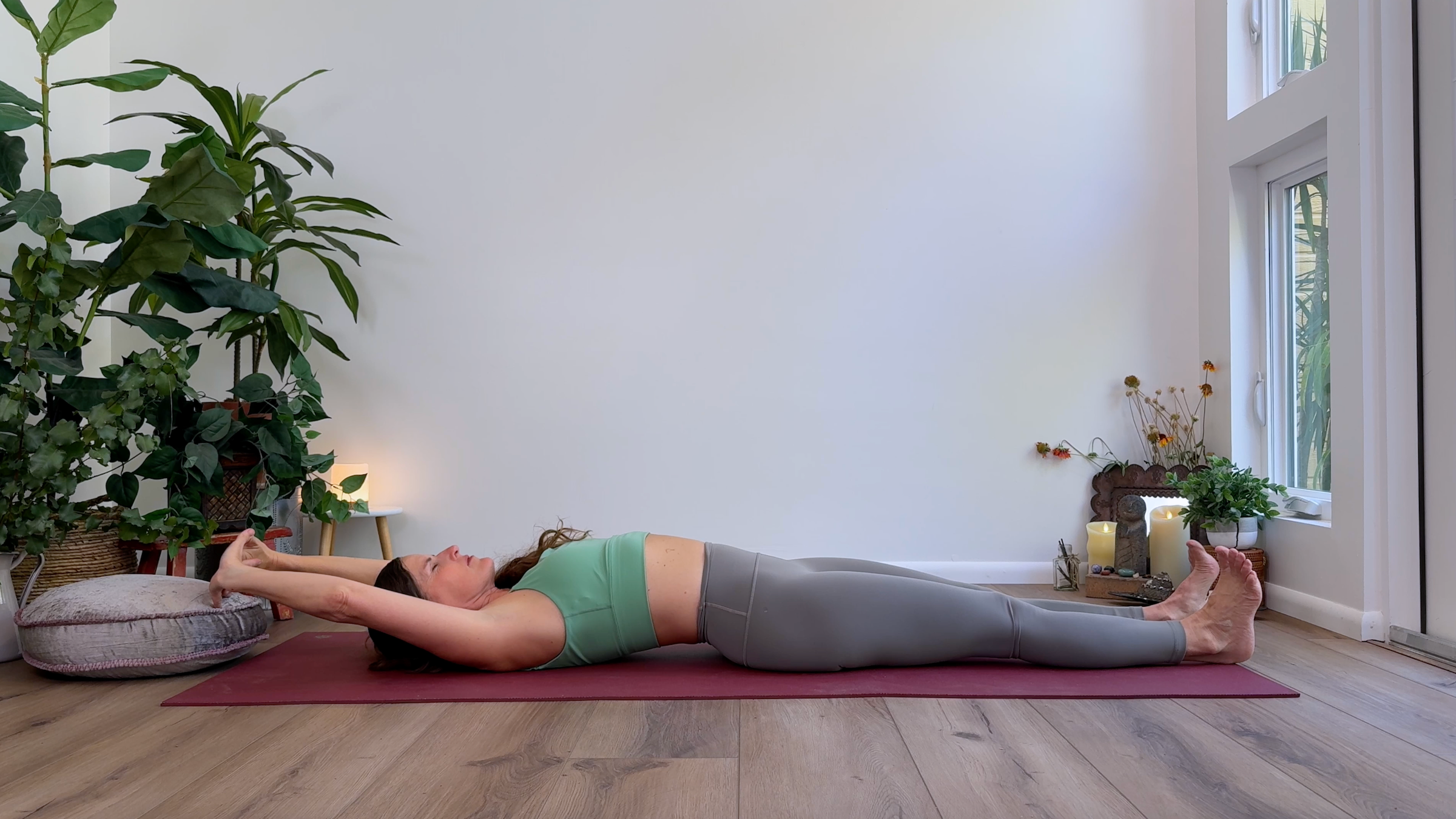 Yoga teacher Devi Daly in Full Body Stretch, part of her Yin yoga practice