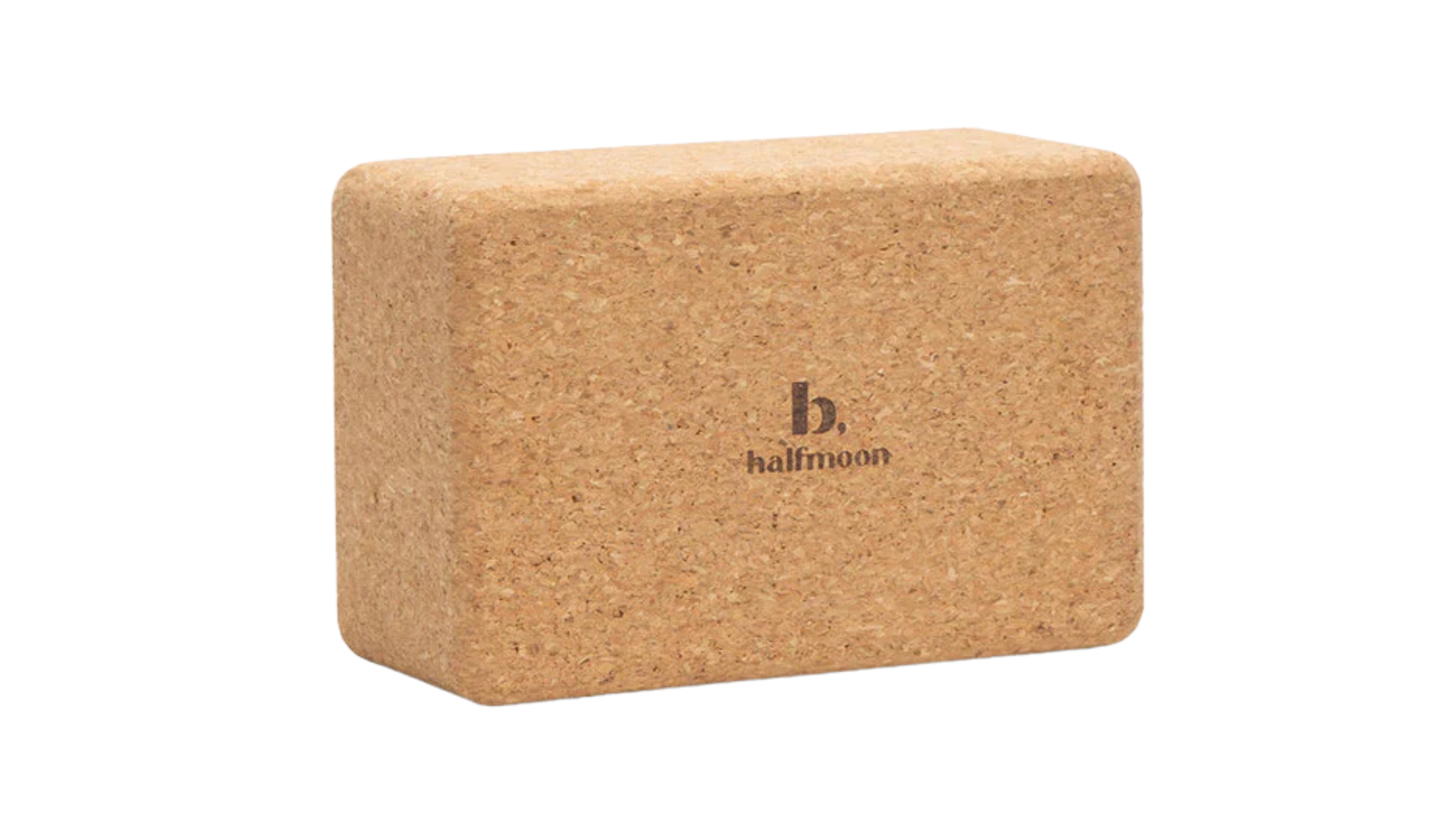 cork yoga block on side with white background
