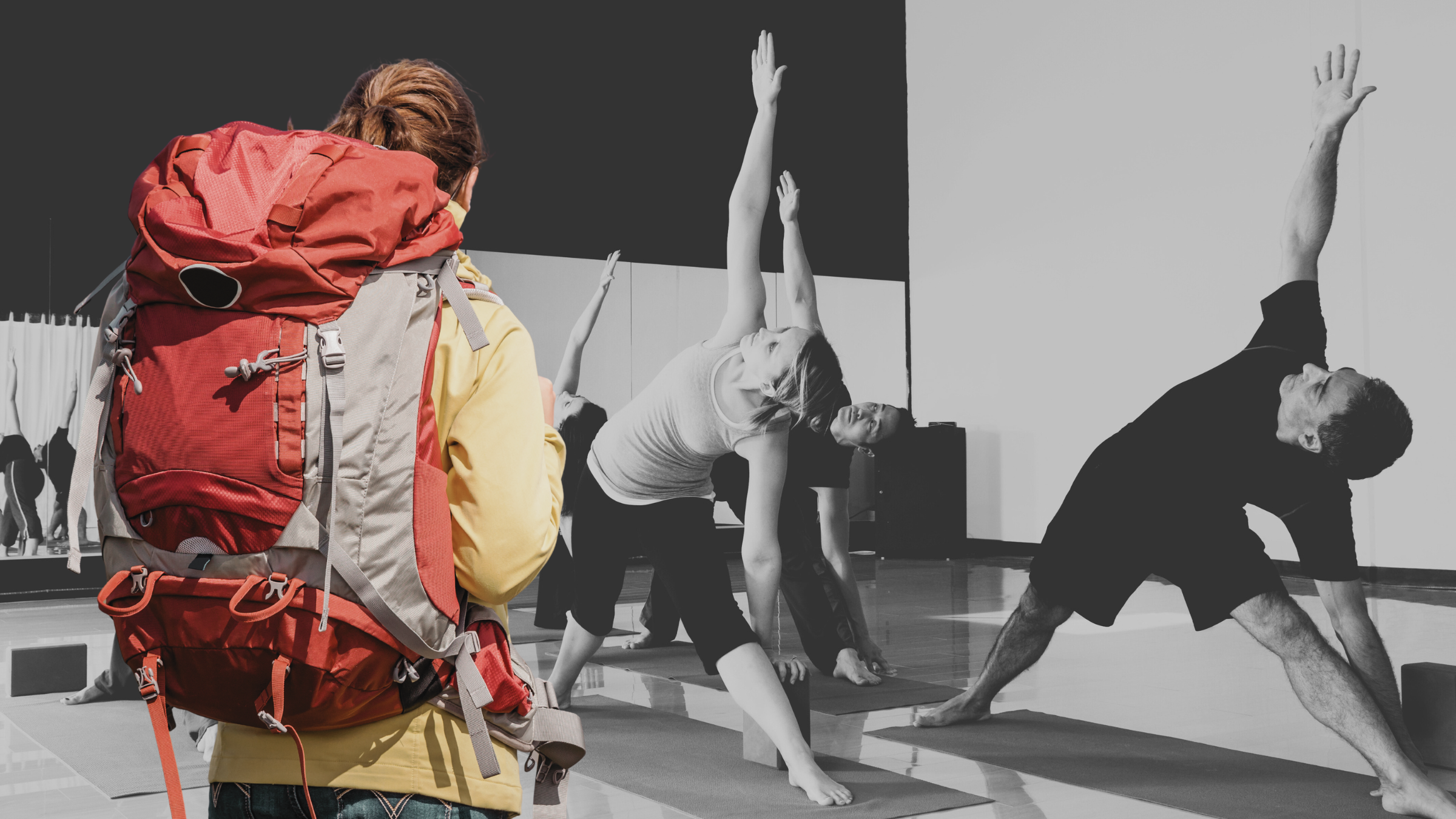 A woman wearing a red backpack observes a yoga class