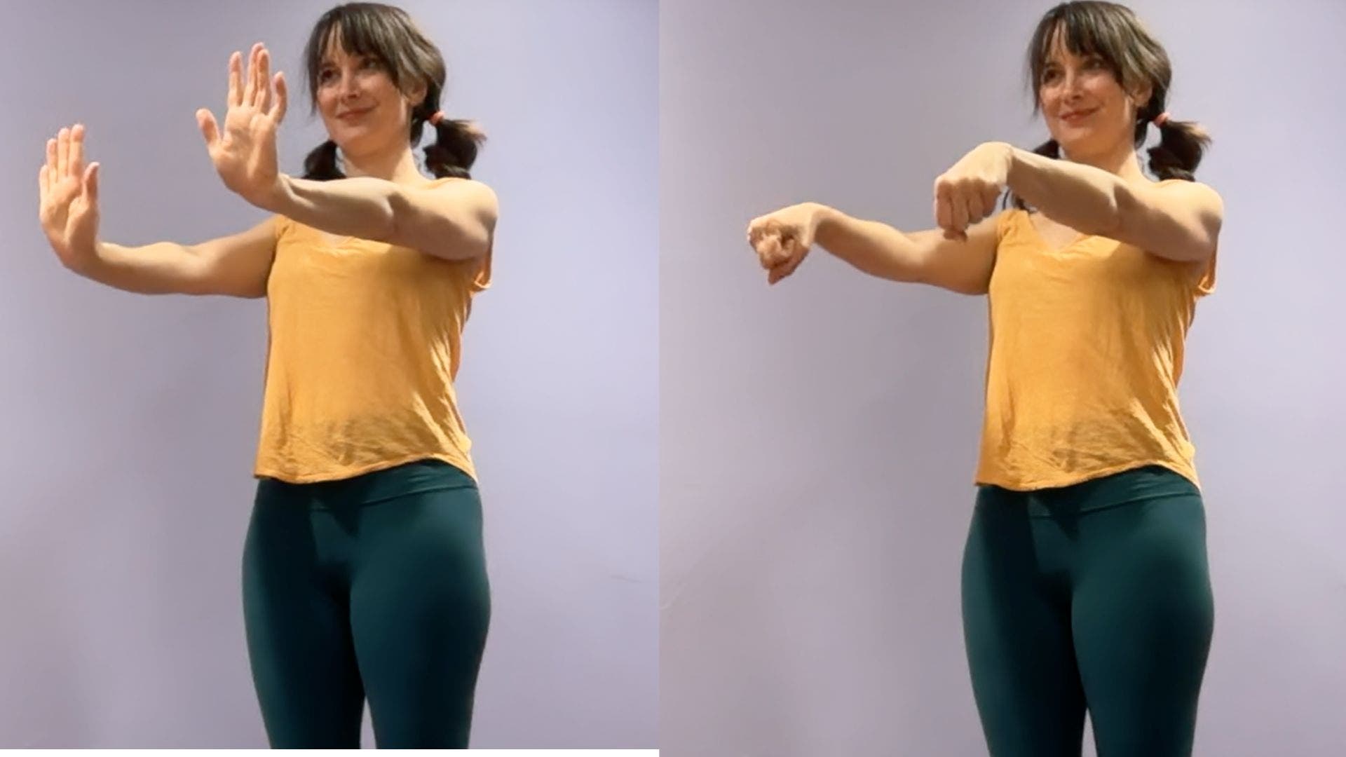 Image of Amber Burke demonstrating wrist flexion and extension stretches.