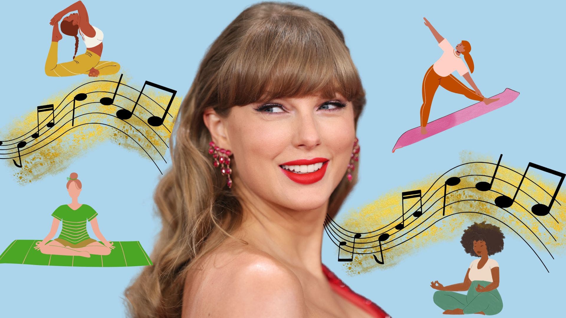 Image of Taylor Swift surrounded by illustrations of music notes and people practicing yoga.