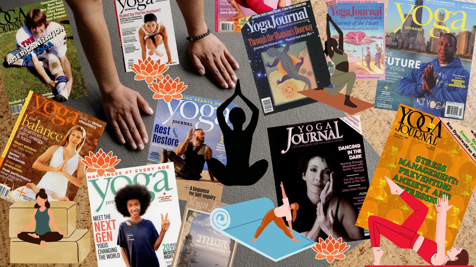 Image of archival issues of Yoga Journal overlaid on image of yoga mat.