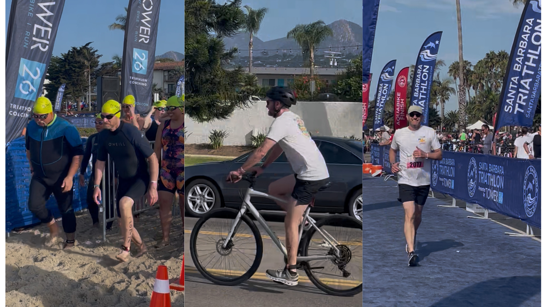 Images of Jivana Heyman on his first triathlon during the swim, bike, and run