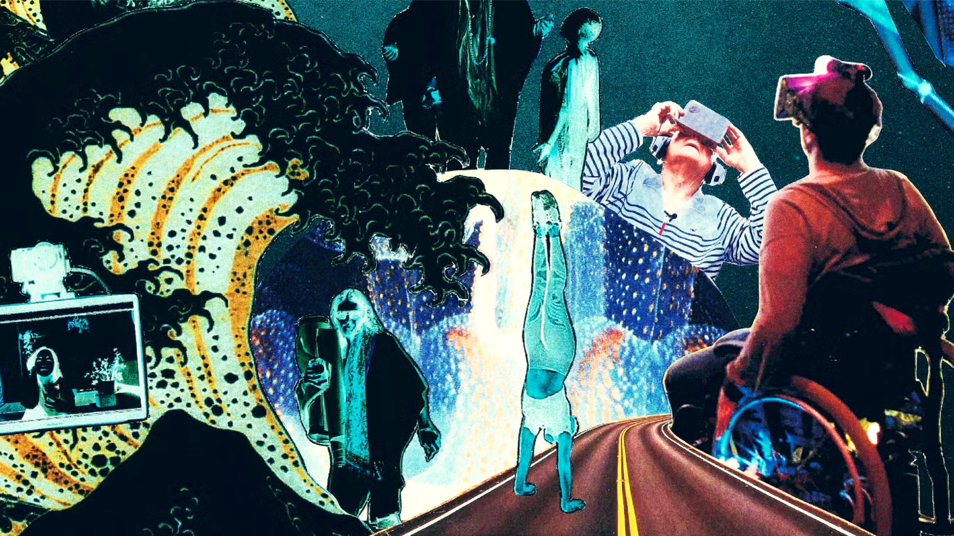 Analog photo illustration of an asphalt highway leading to the future of yoga