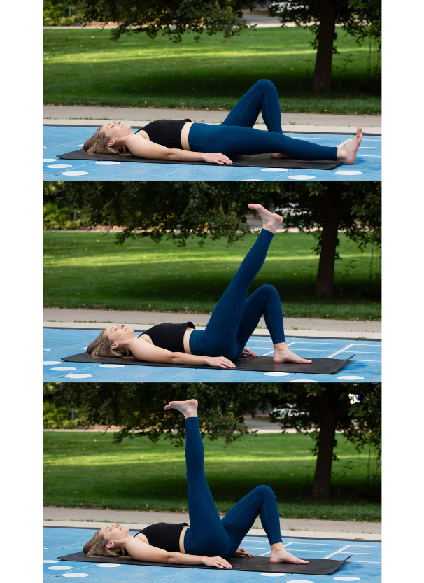 Woman lying on her back lifting her leg during hip flexor strengthening exercises