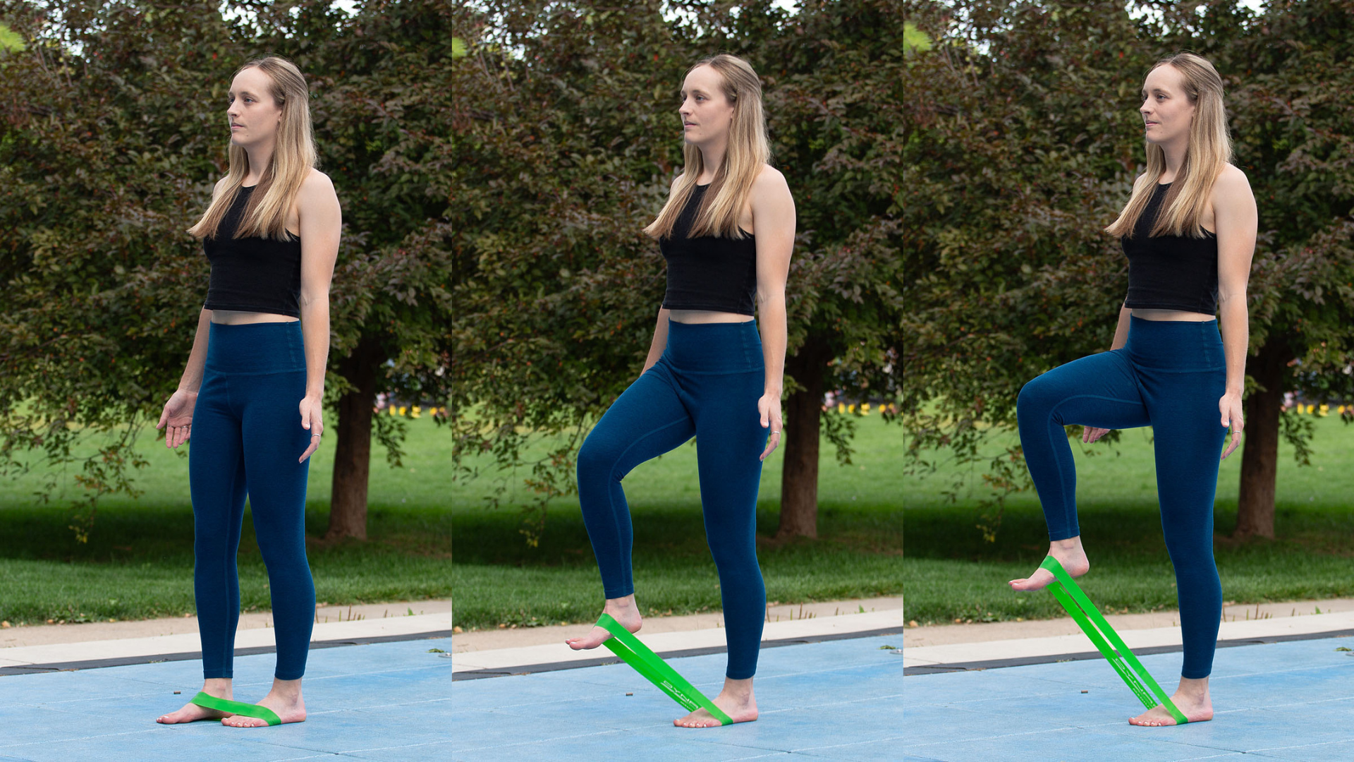 Woman standing with a resistance band around one foot and lifting that leg toward her chest while practicing hip flexor strengthening exercises
