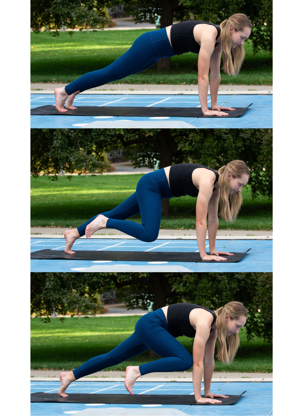 Woman in Plank Pose or top of a push-up outside practicing drawing one knee toward her chest