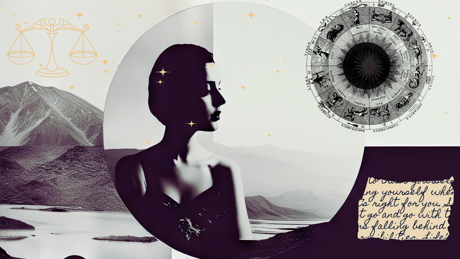 Contemporary collage of illustrations and photographs depicting the new Moon in Libra