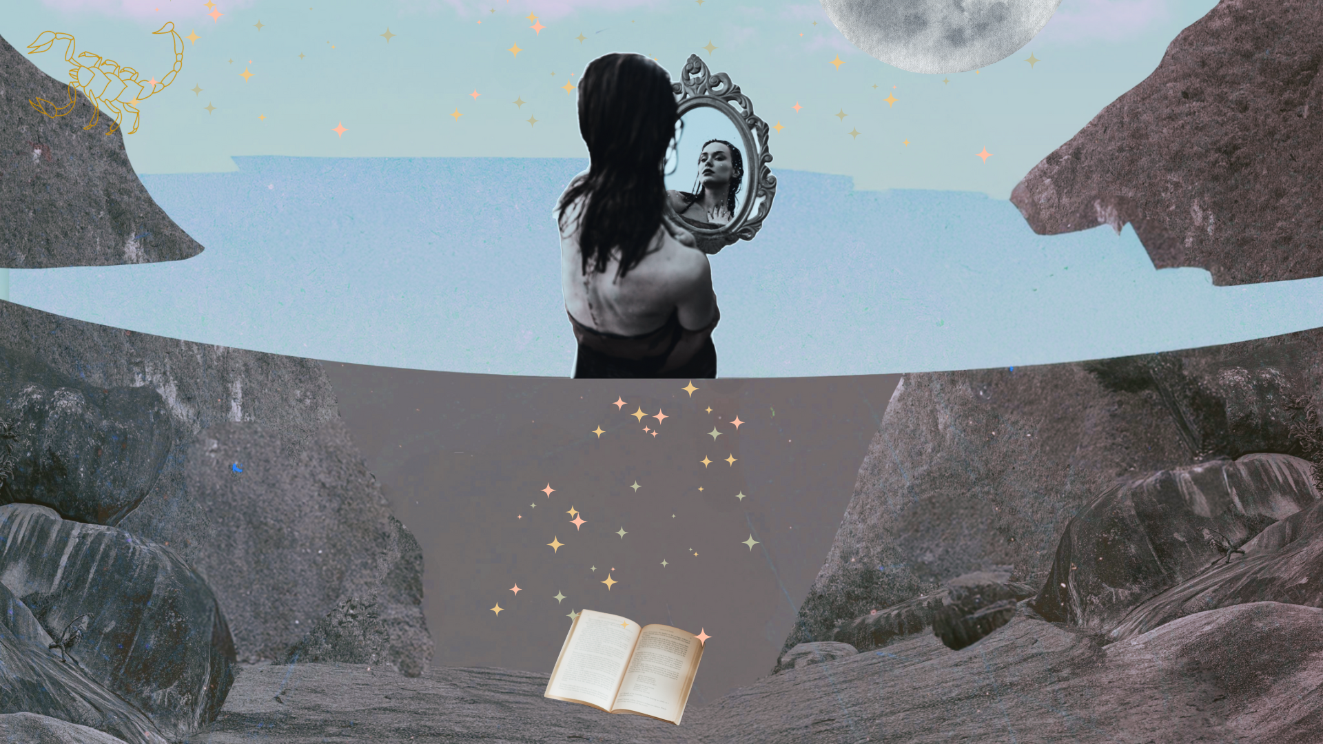 Contemporary collage of images of a woman in the ocean during the sign of Scorpio