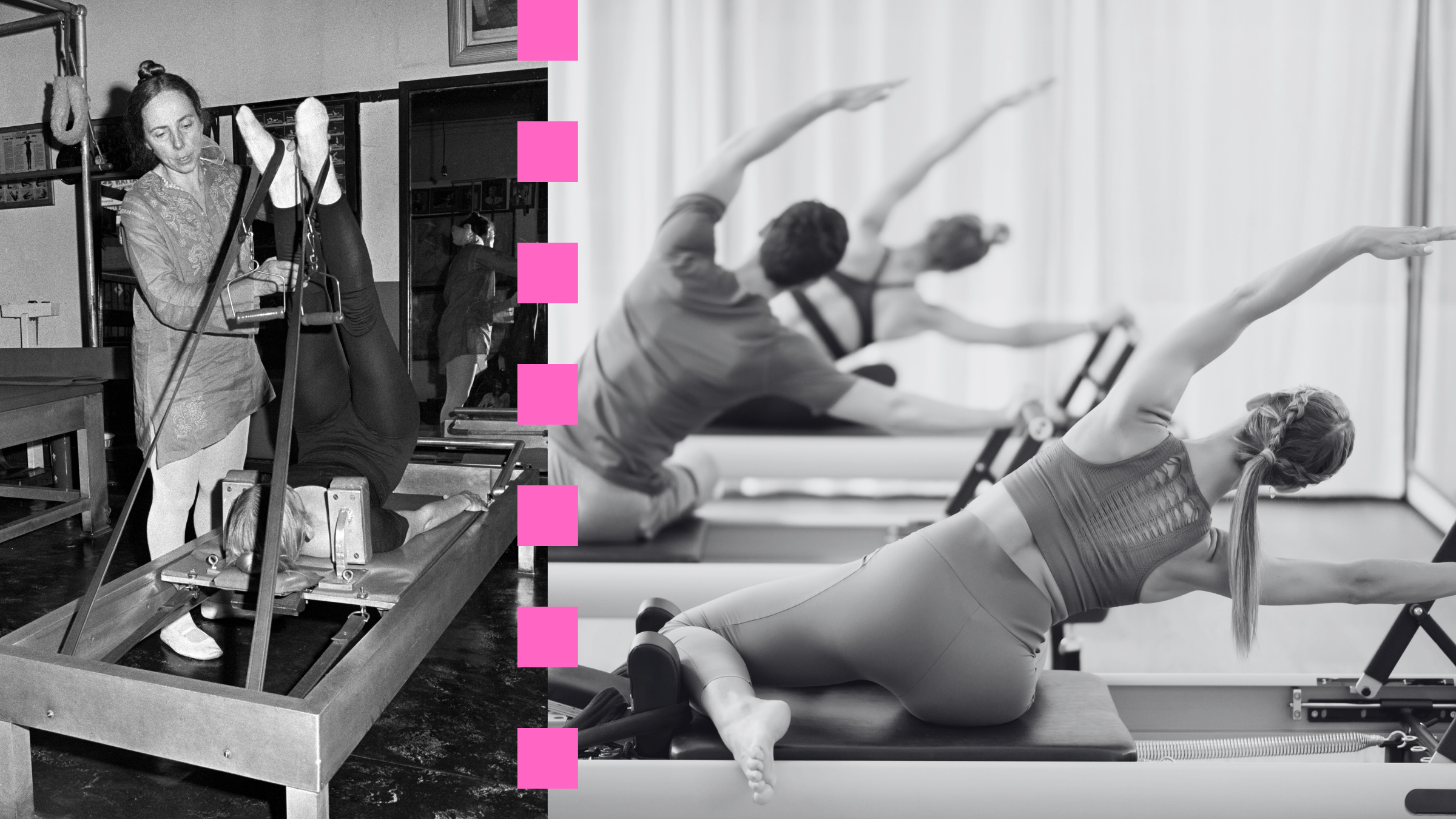 A woman practicing Pilates in the 1970s, people practicing Pilates in present day