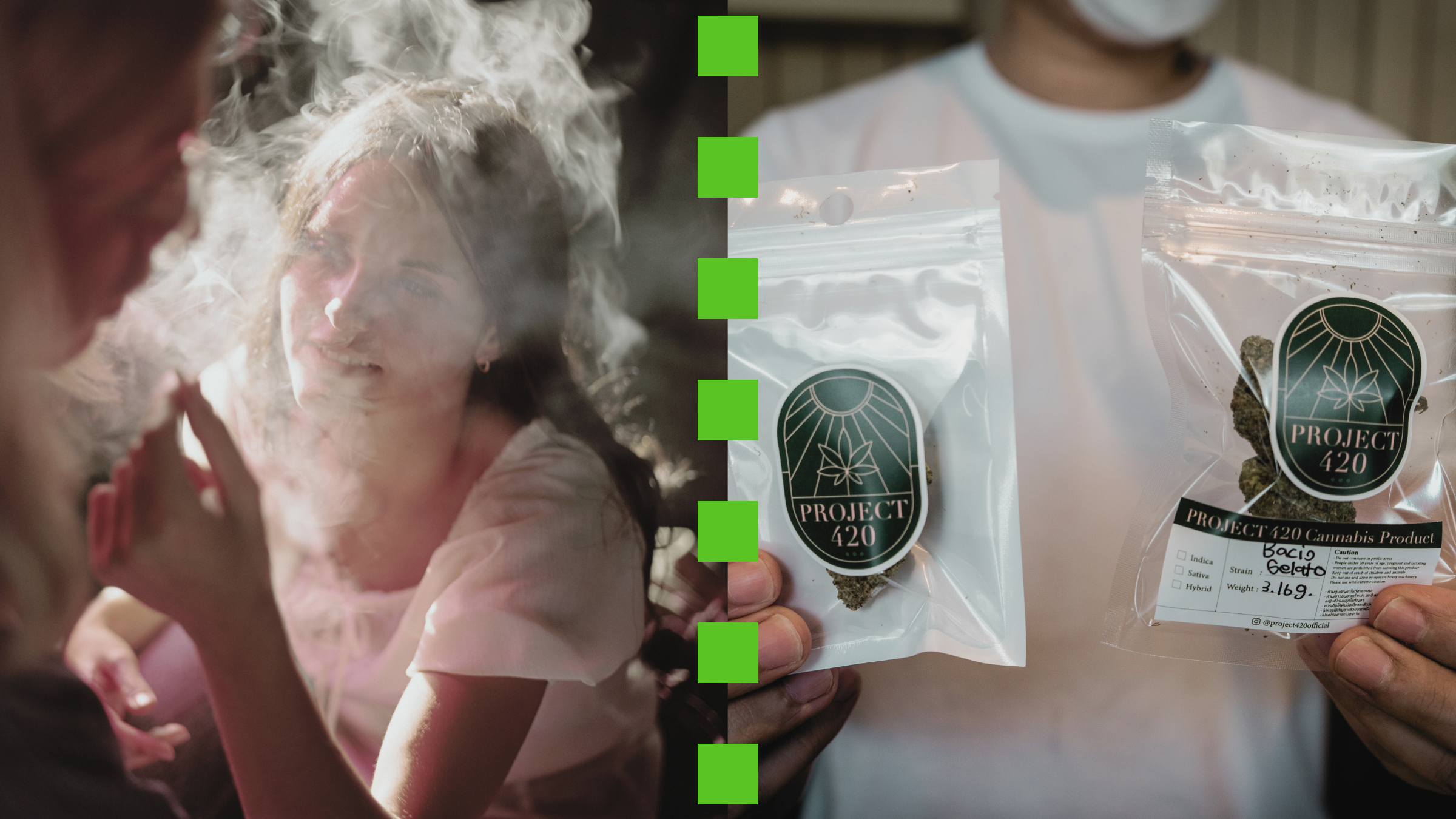 A woman smoking marijuana; a man holding bags of marijuana