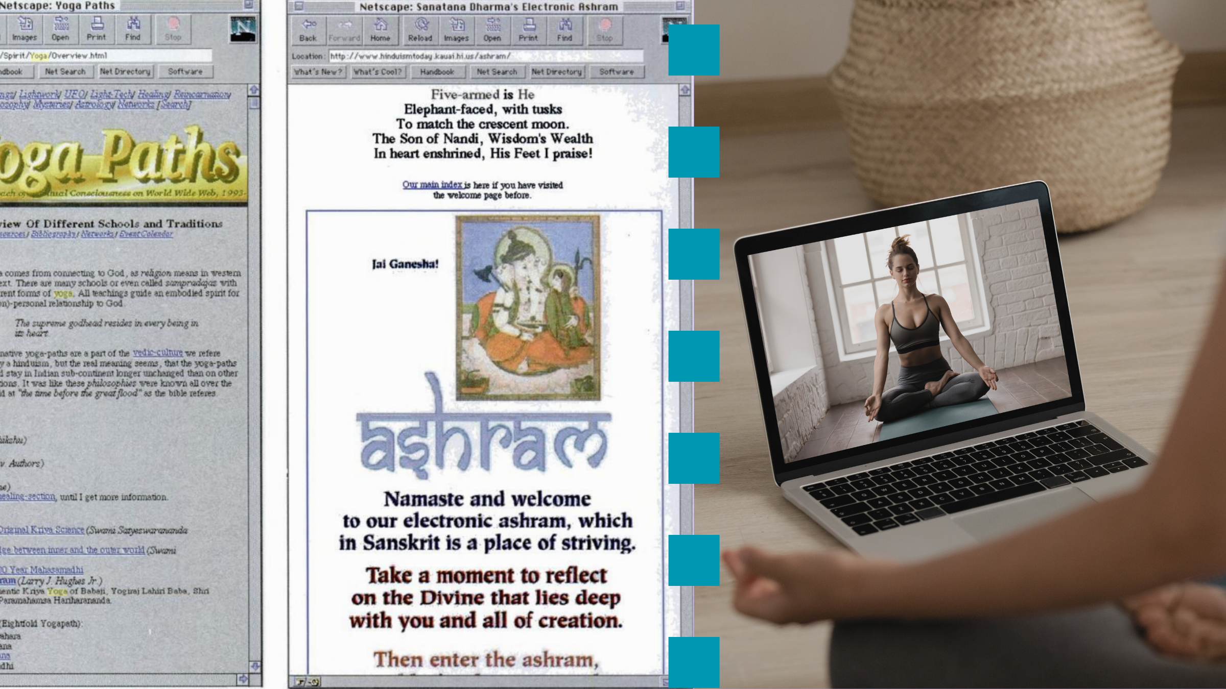 Screenshots of yoga websites from the 1990s, a woman practicing yoga on a laptop