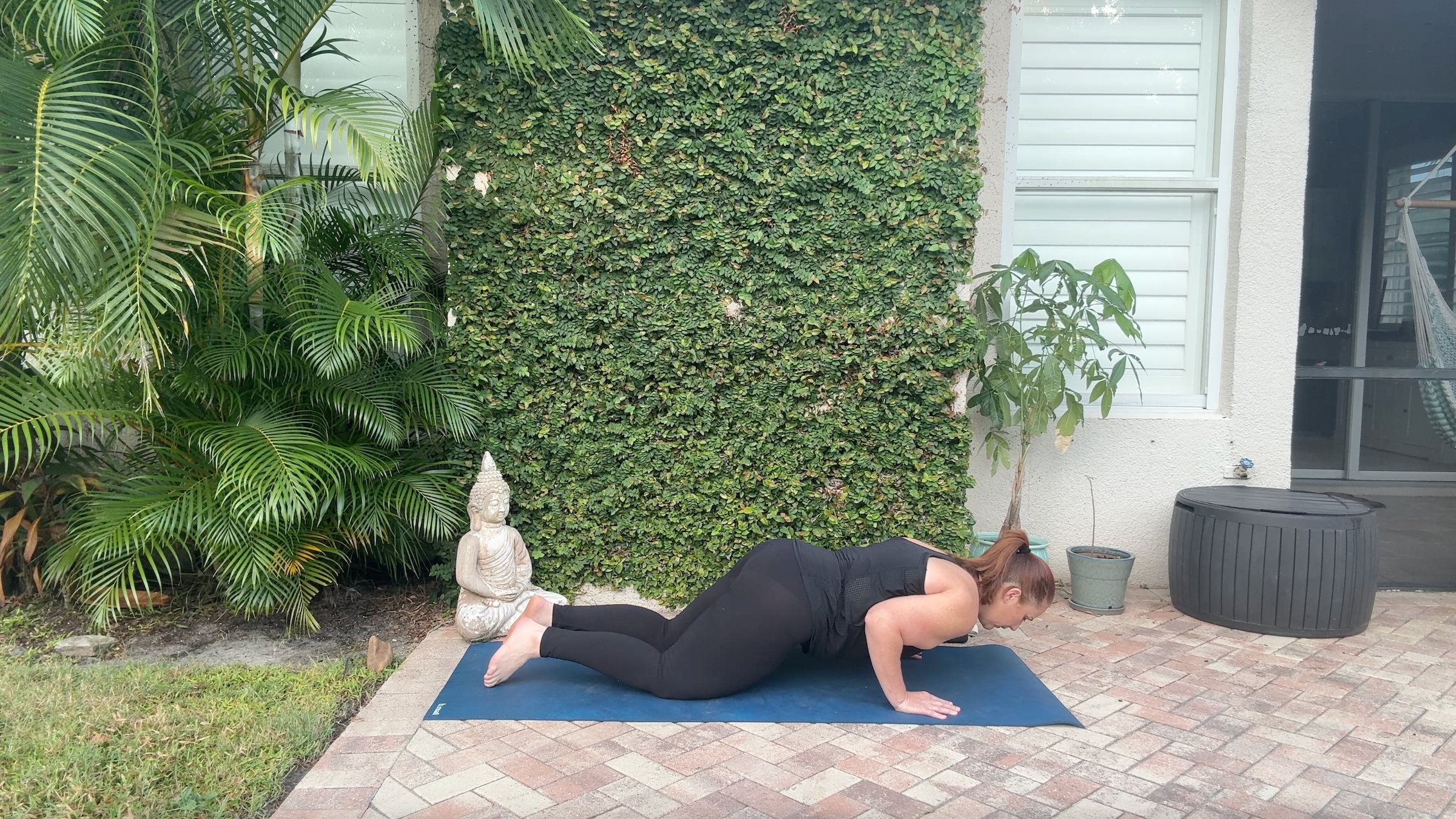Denver Clark doing a Chaturanga push-up, part of her yoga for arm strength practice.