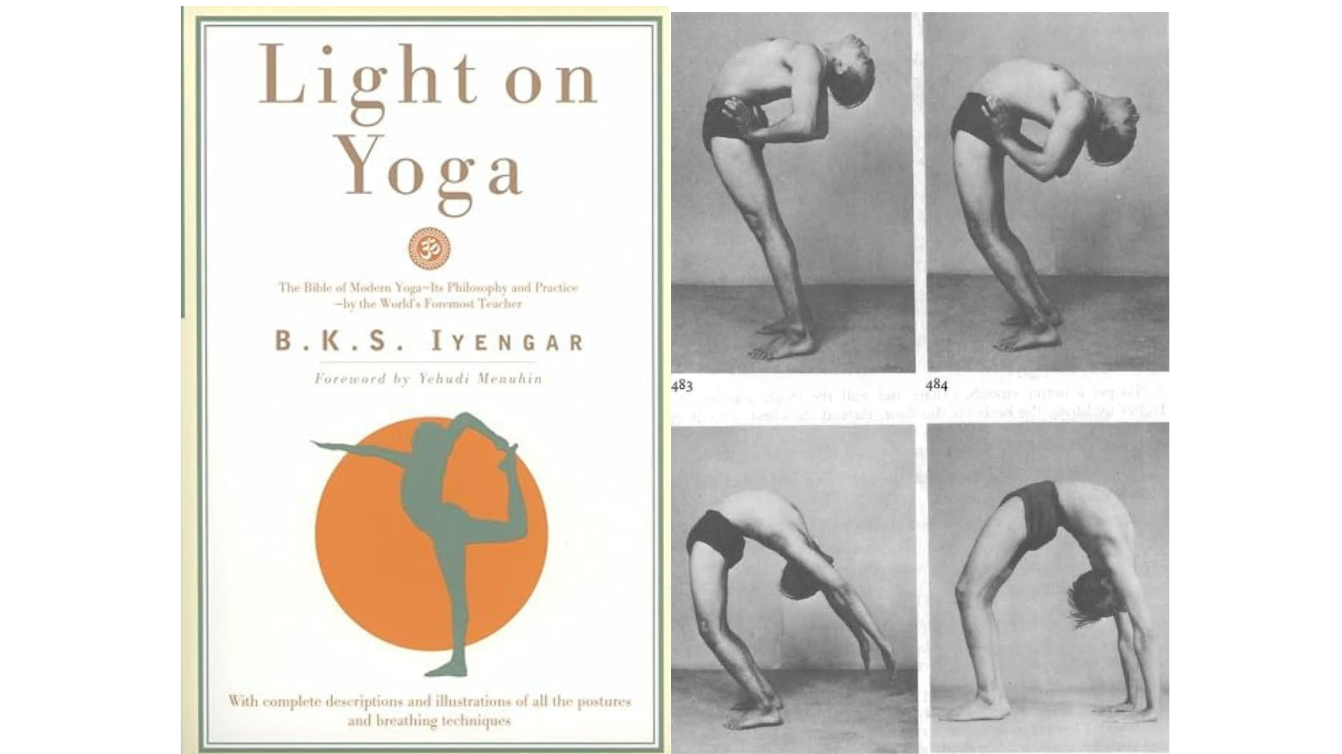 Book cover and black-and-white photos from Light on Yoga by B.K.S. Iyengar