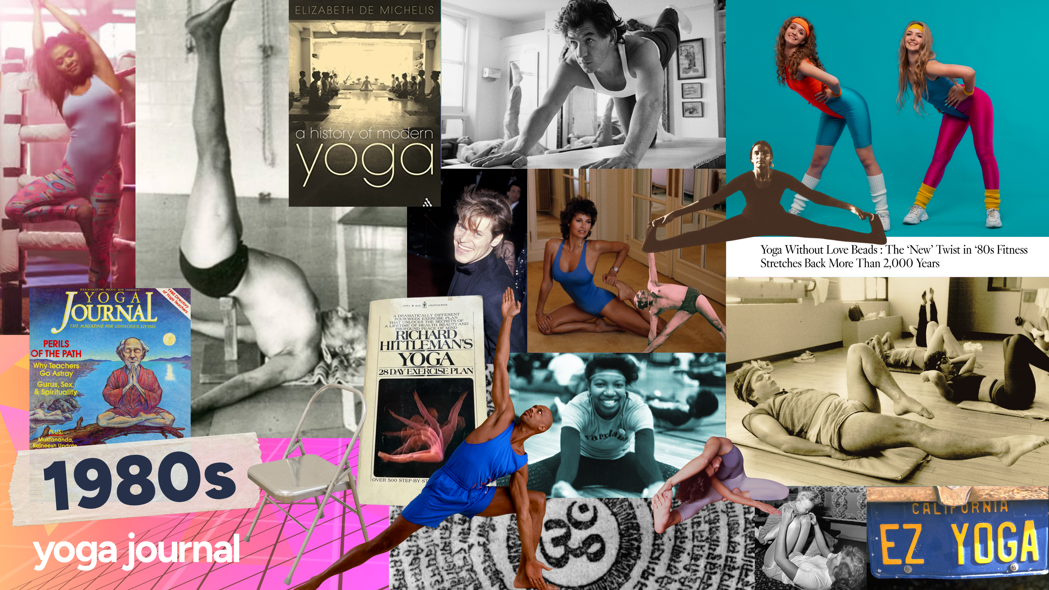 Collage of black-and-white and color images from yoga in the 1980s