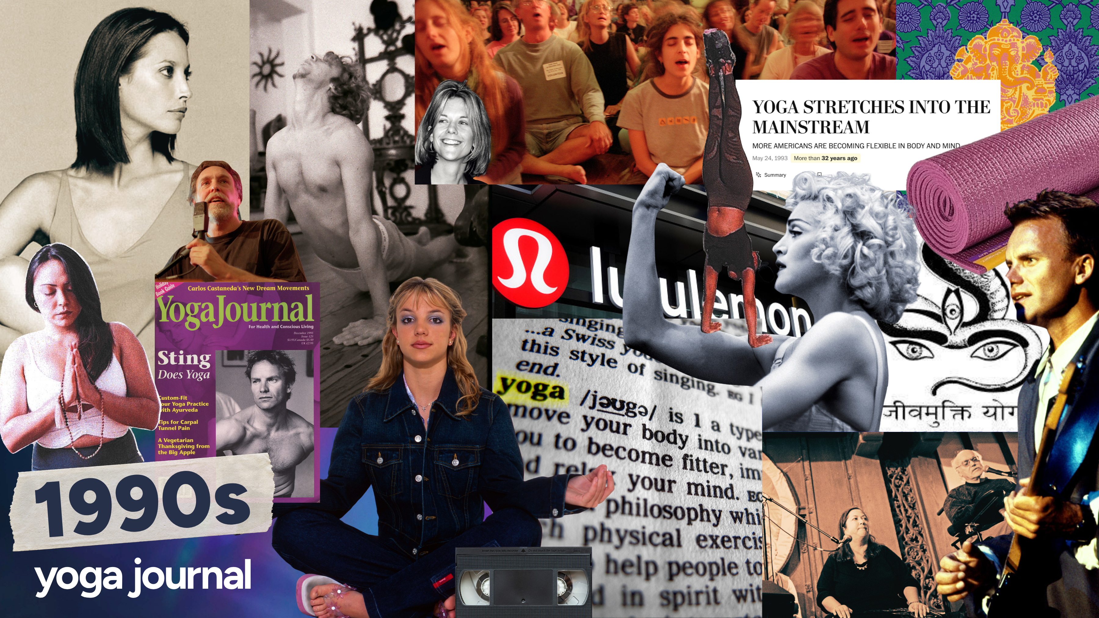 Collage of various celebrities, brands, and poses common to yoga in the 1990s