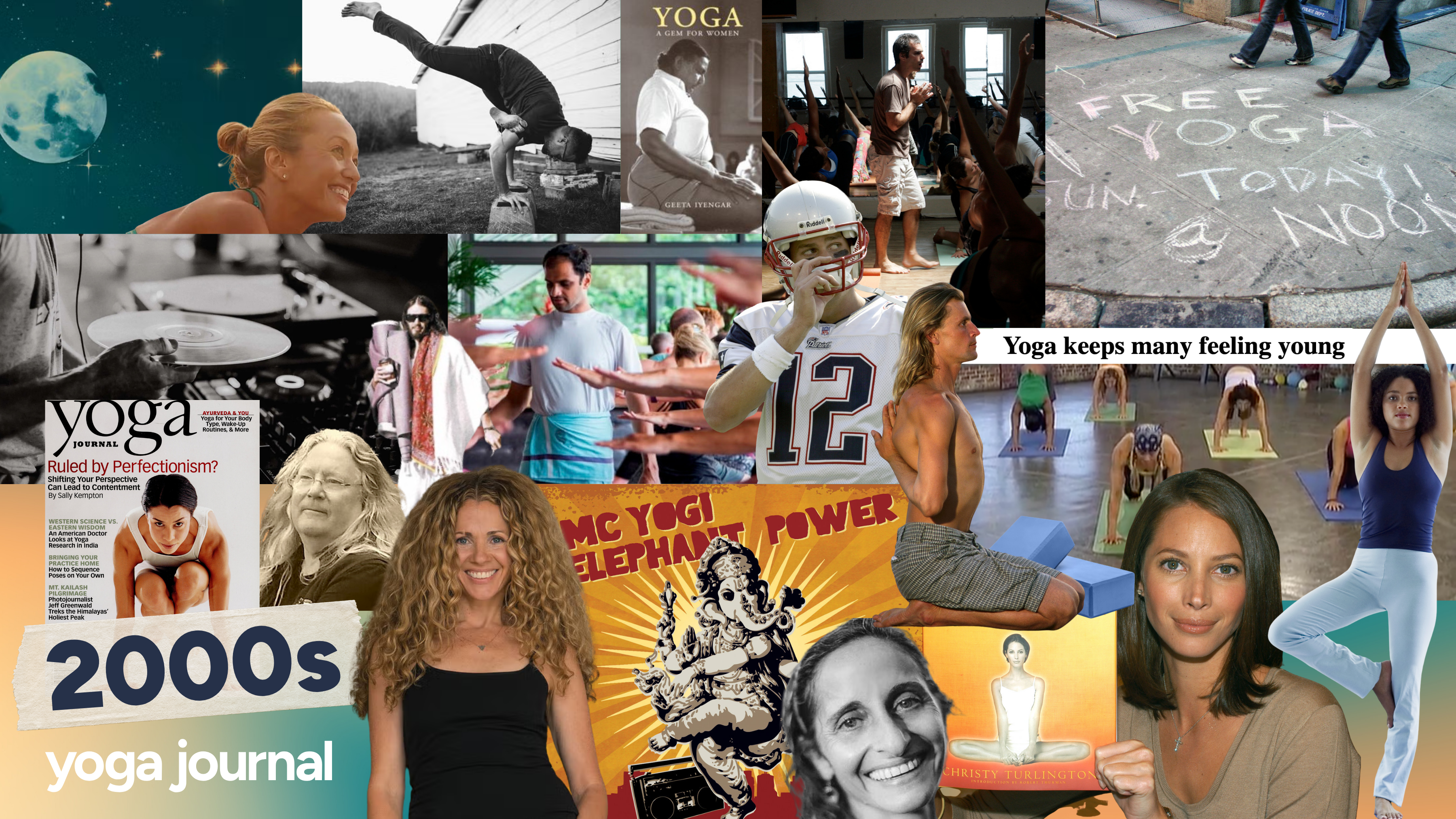 Collage of images related to yoga in the 2000s