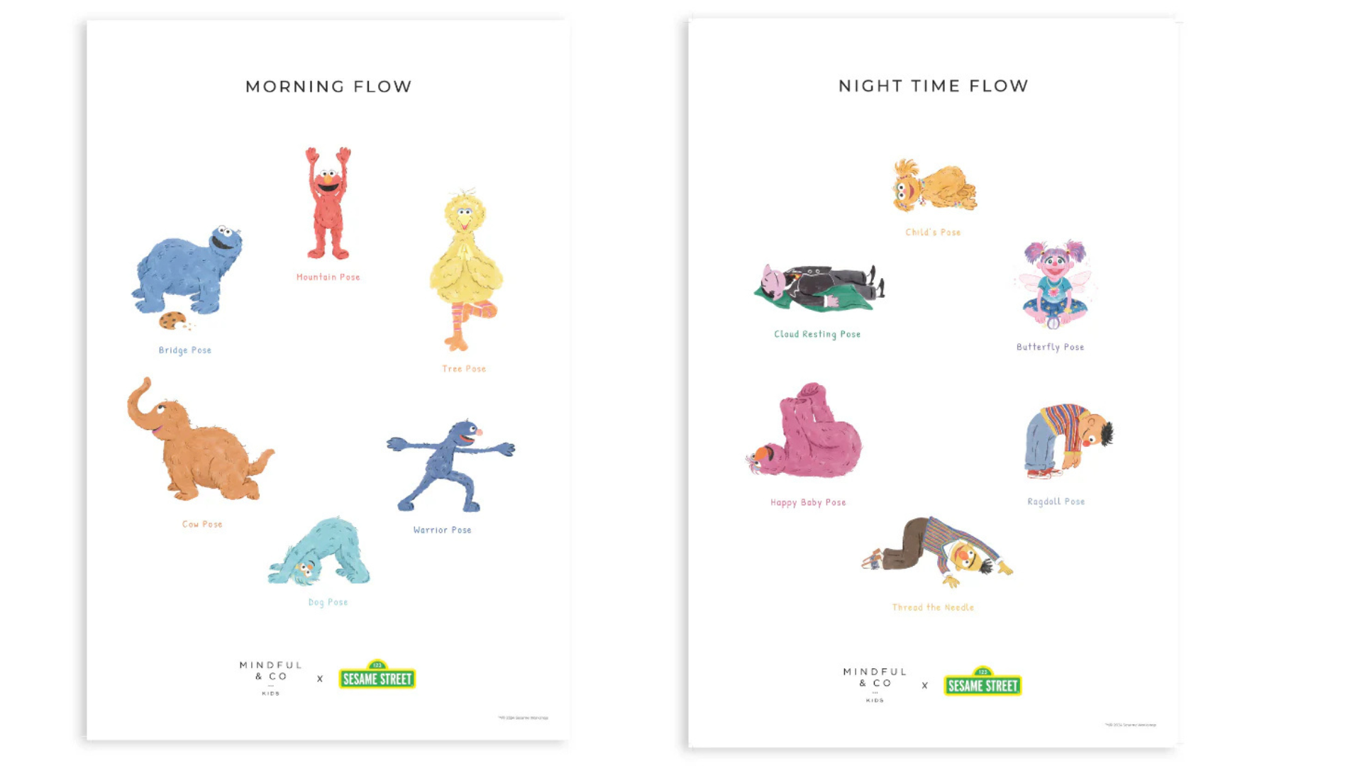Mindful & Co. prints of Sesame Street characters practicing yoga poses