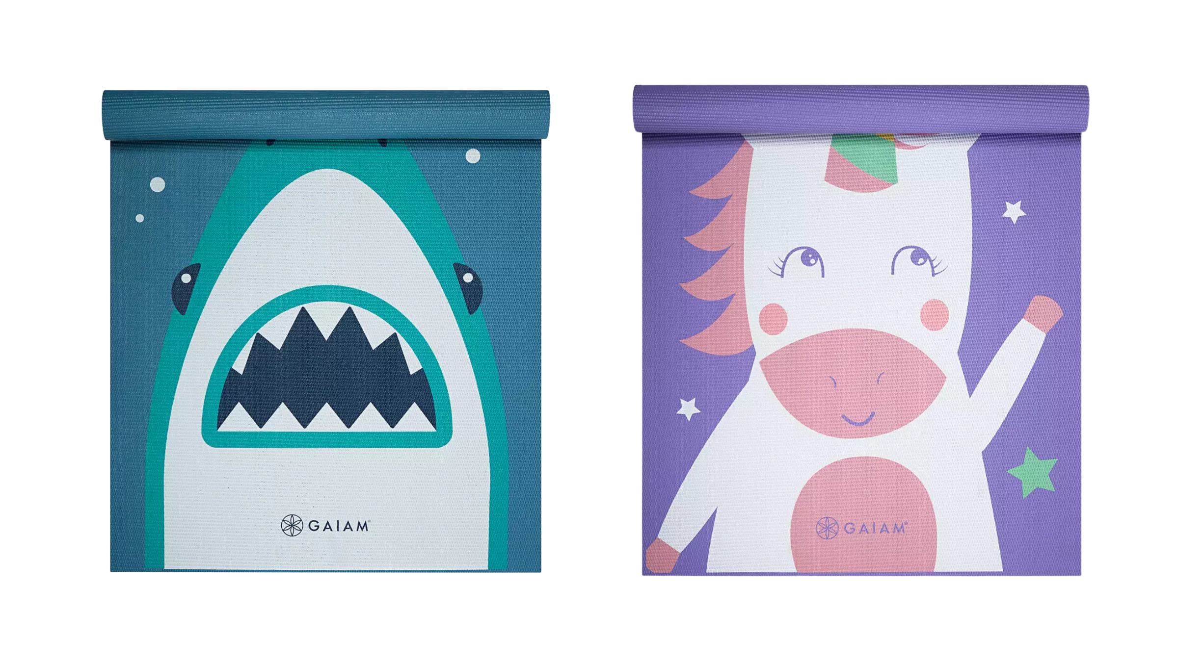 two kids yoga mats half unrolled showing shark and unicorn designs