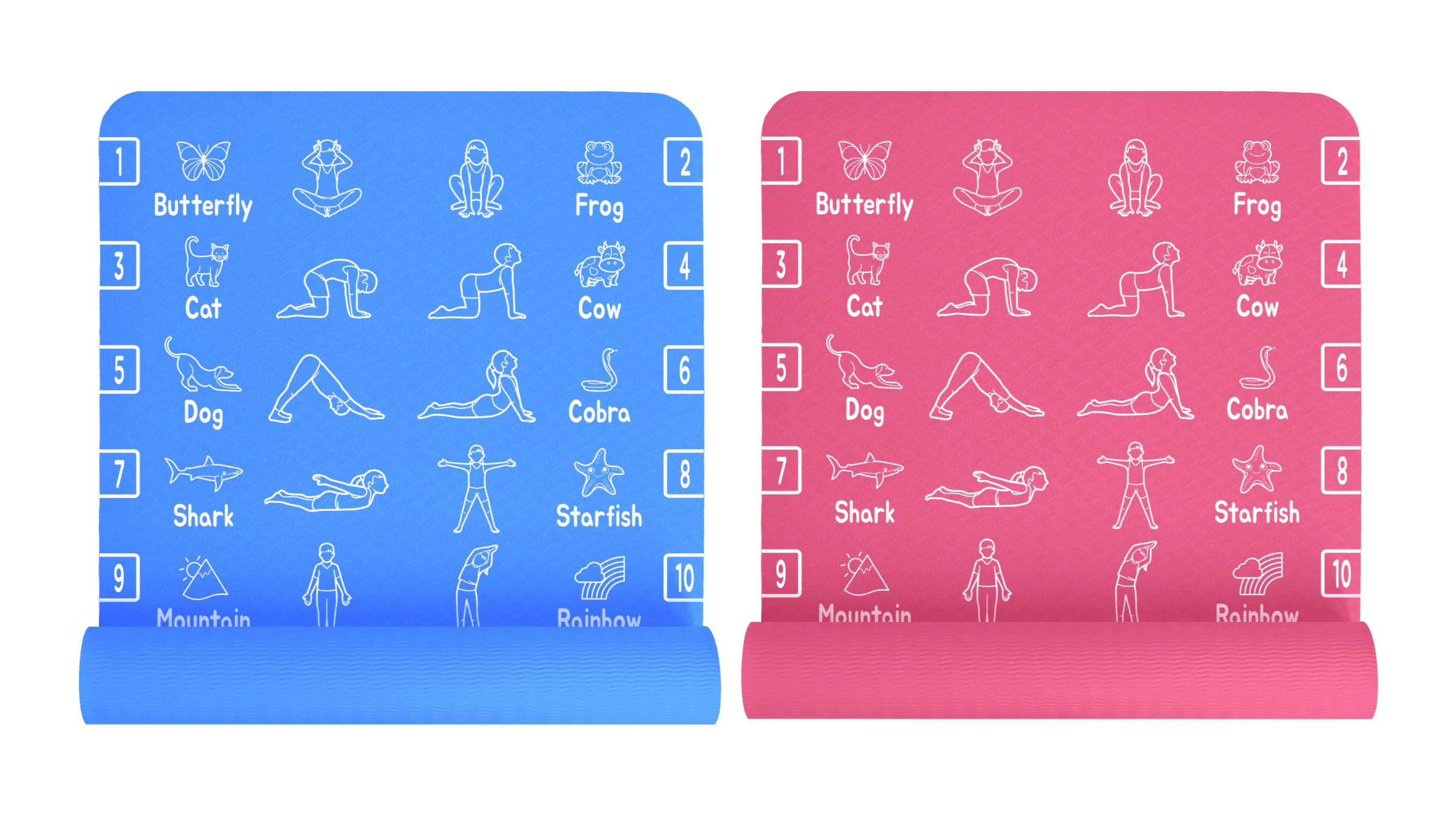 blue and pink kids yoga mats with poses printed on them next to each other on white background