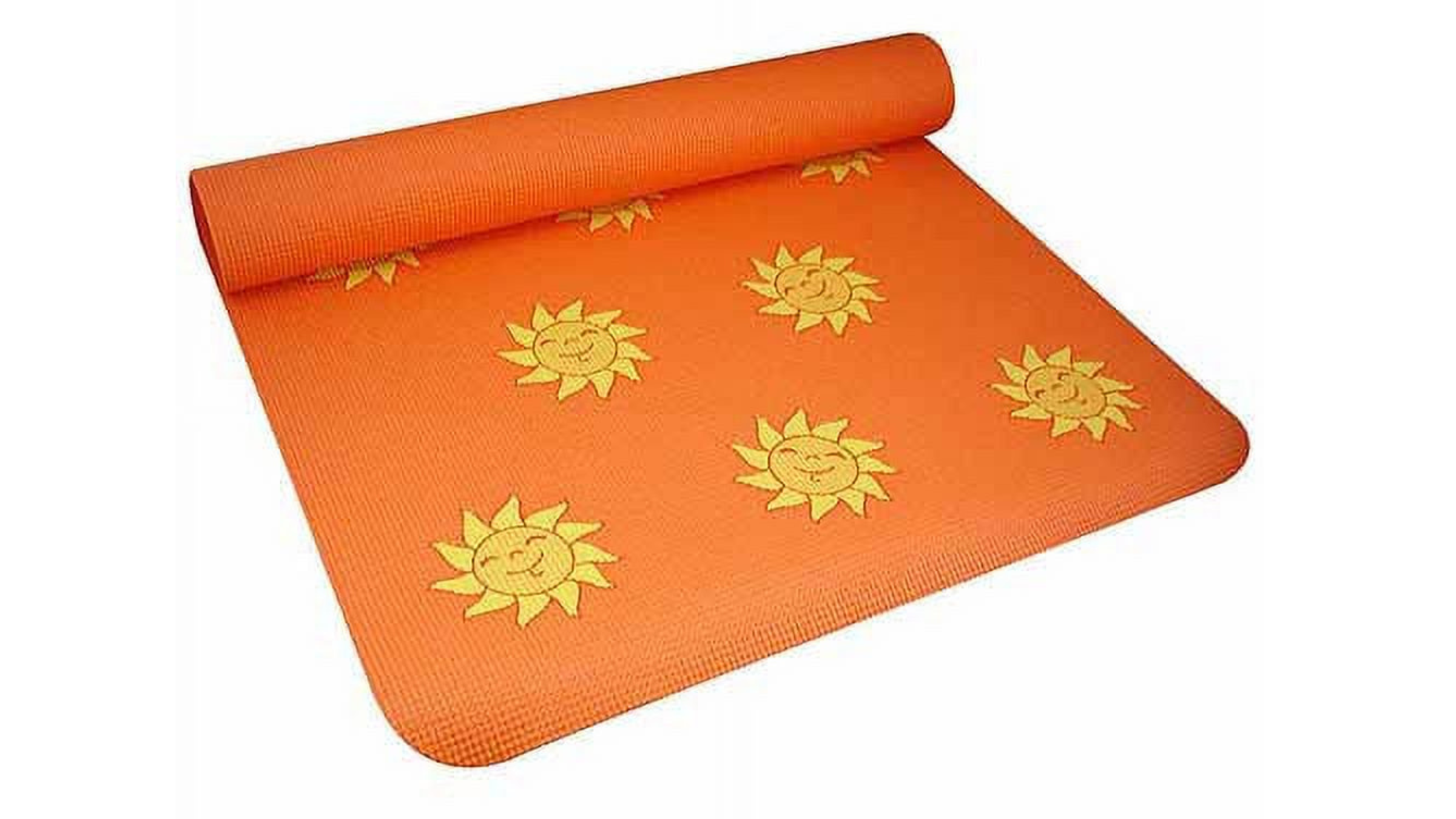 half unrolled kids yoga mat with yellow suns on orange mat on white background