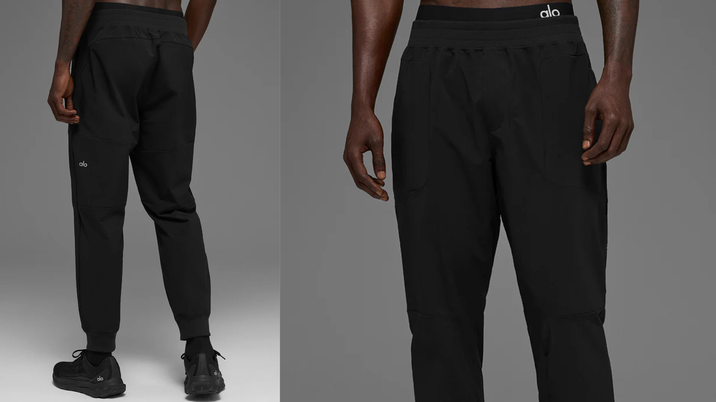 composite image of man standing with black Alo Co-Op yoga pants, a best yoga pant for men