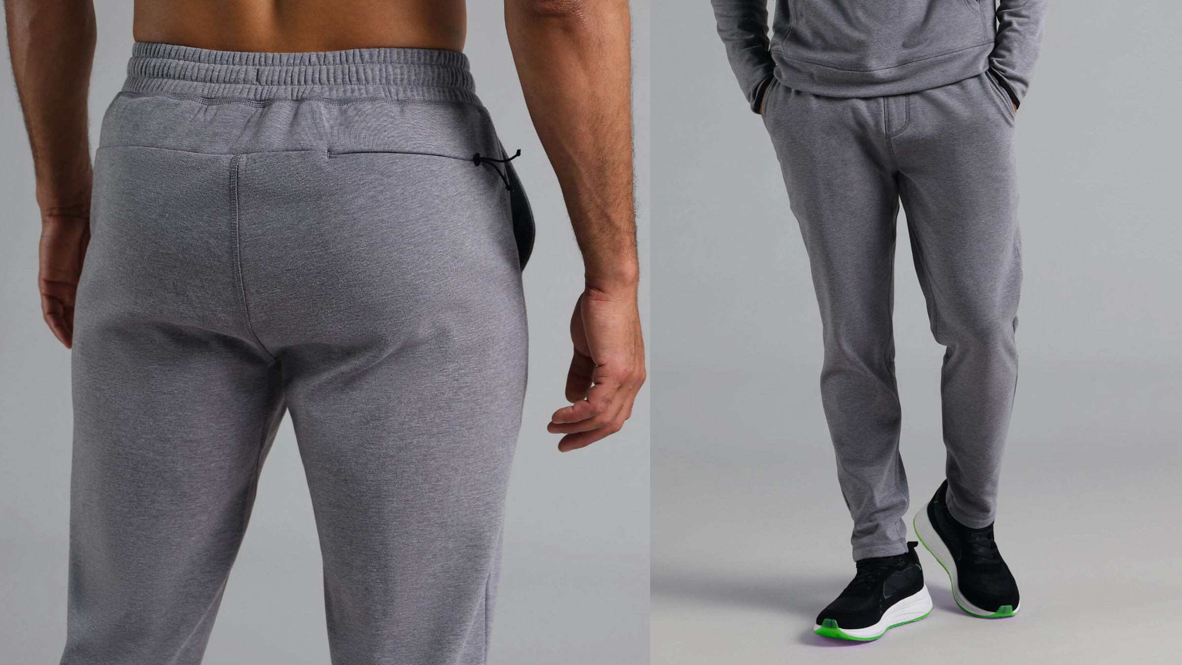 composite image in man in heather gray yoga pants front and back, best men's yoga pants