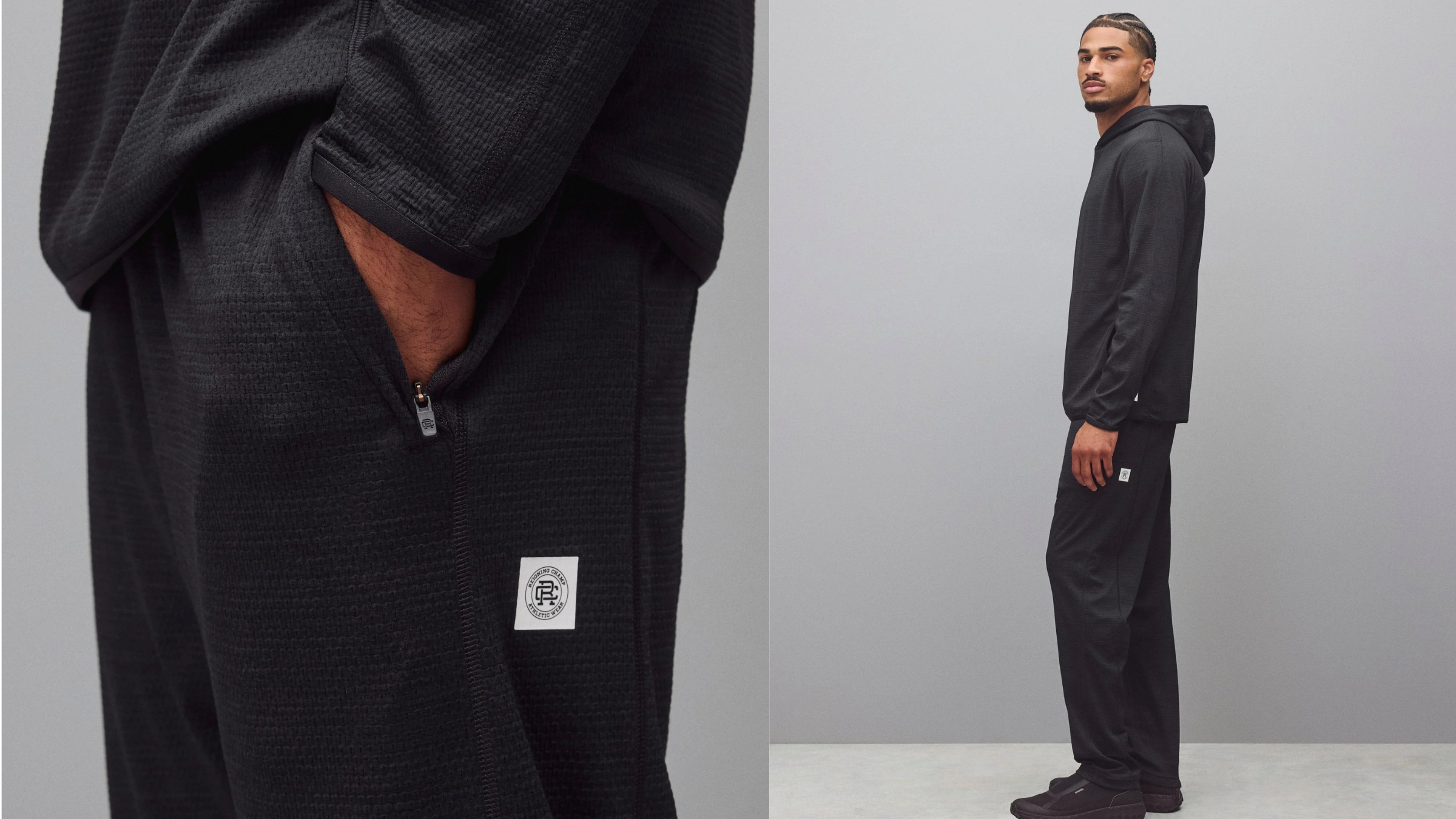 composite image of man standing in black yoga pants and hoodie and with hand in pocket