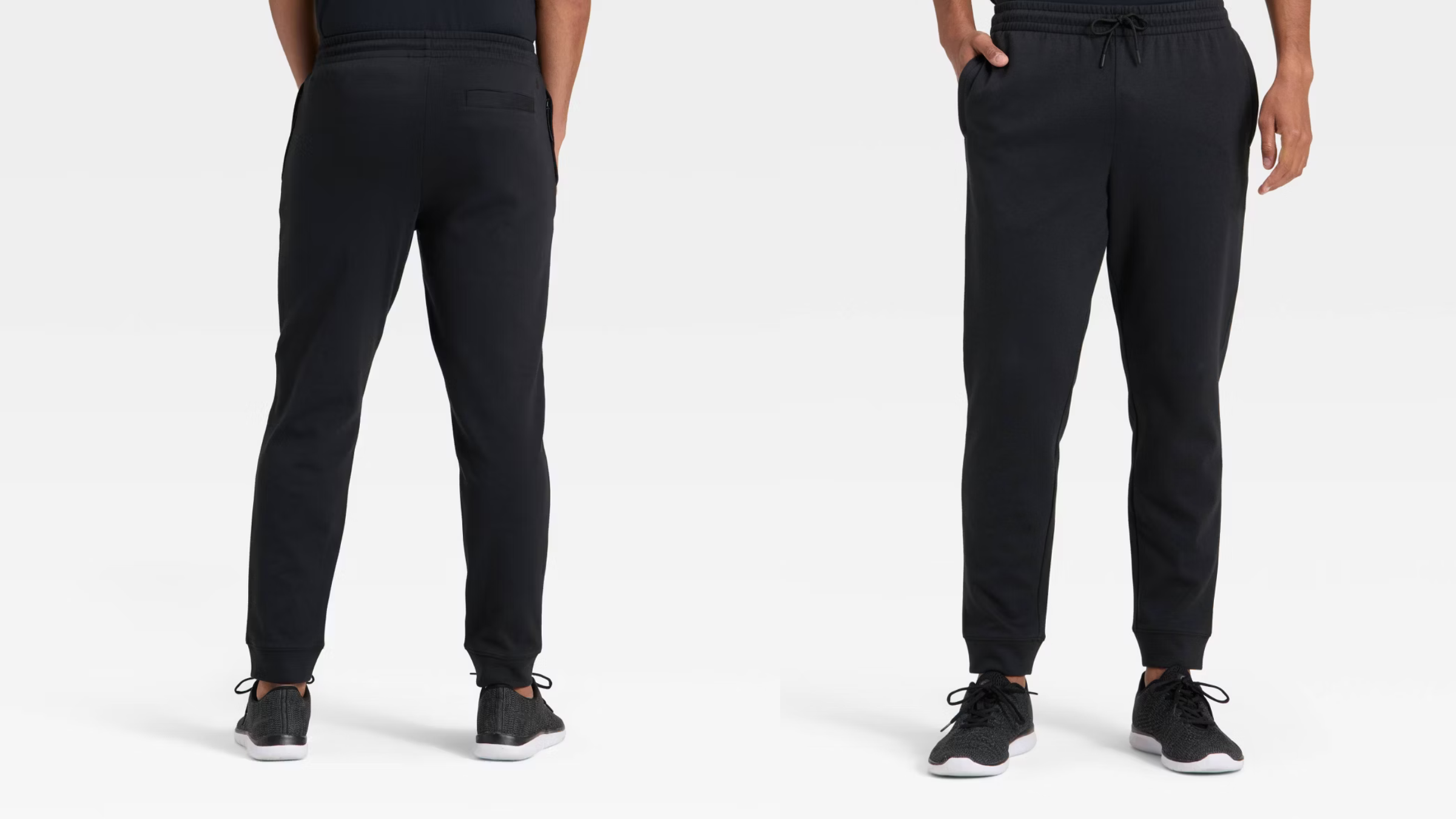composite image of man standing in black men's yoga pants in white room