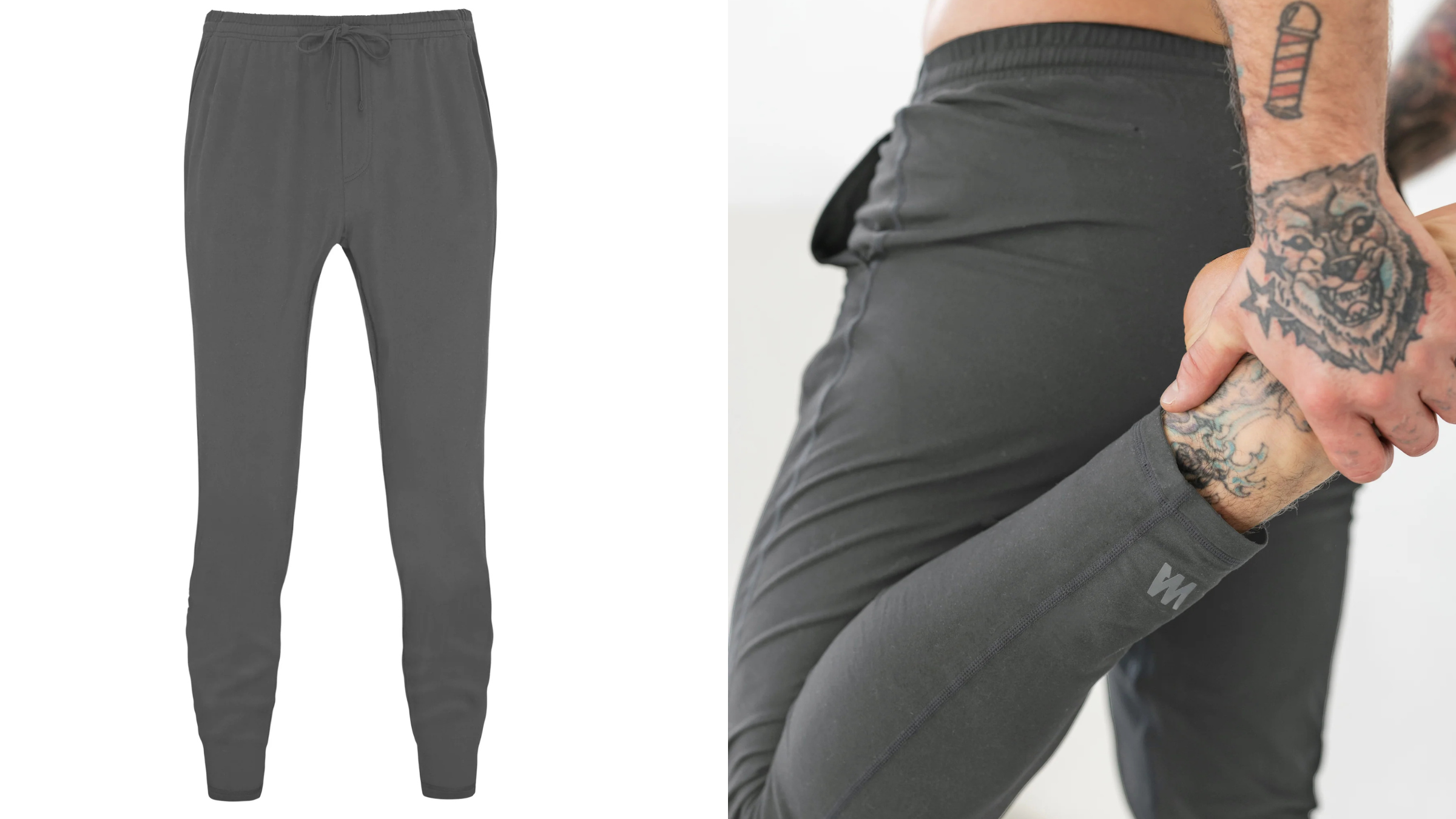 composite image of gray men's yoga pants on white background and man holding angle, best men's yoga pants