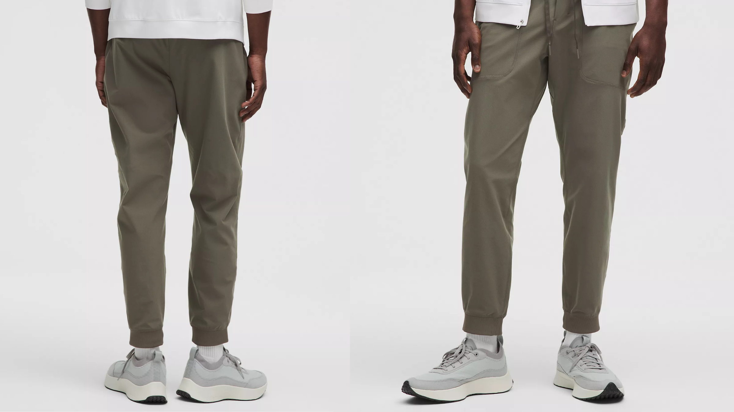 man standing in army green lululemon yoga joggers with white shirt and running shoe