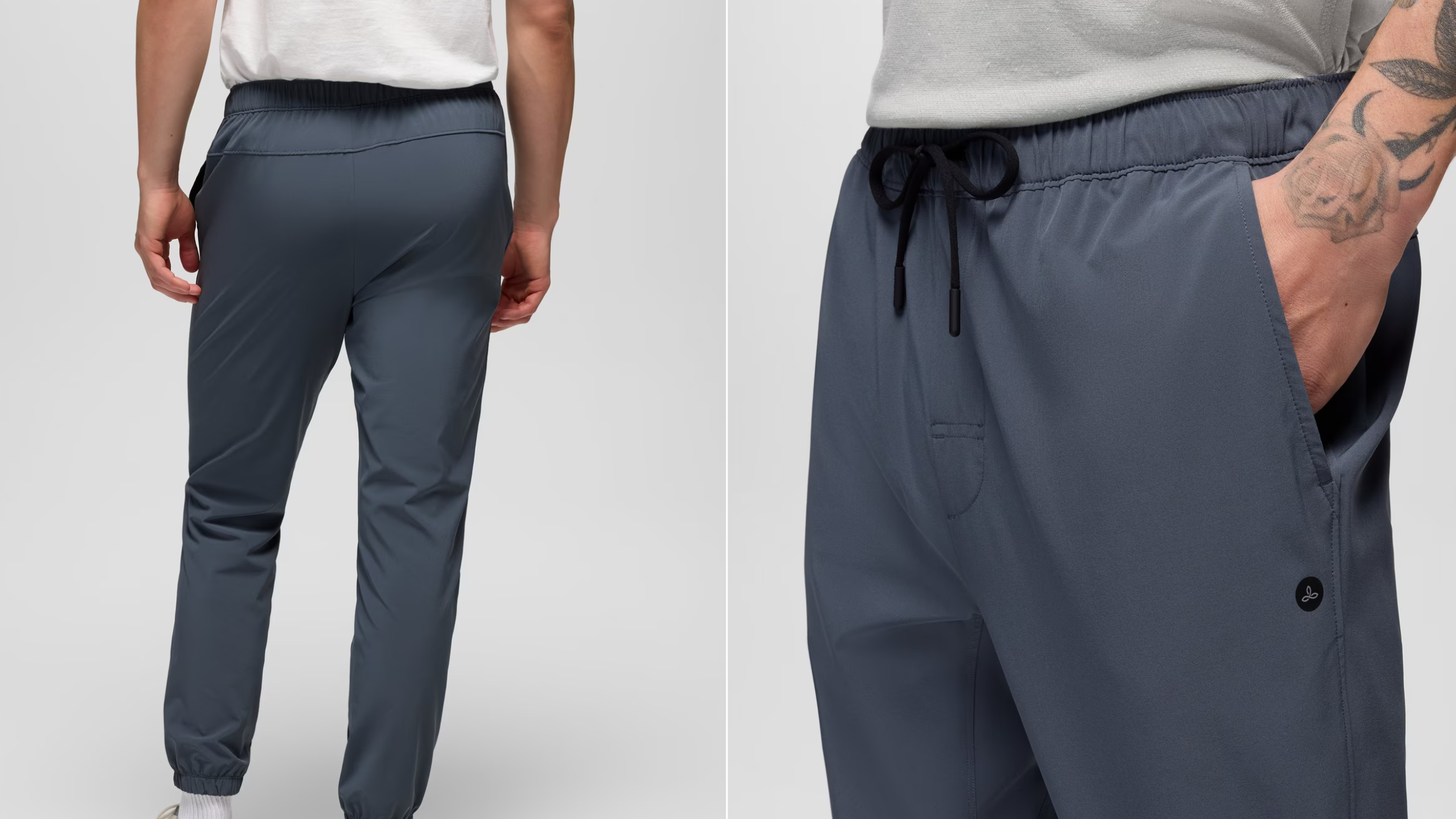 composite image of bottom half of man in dark gray prAna jogger with hand in pocket