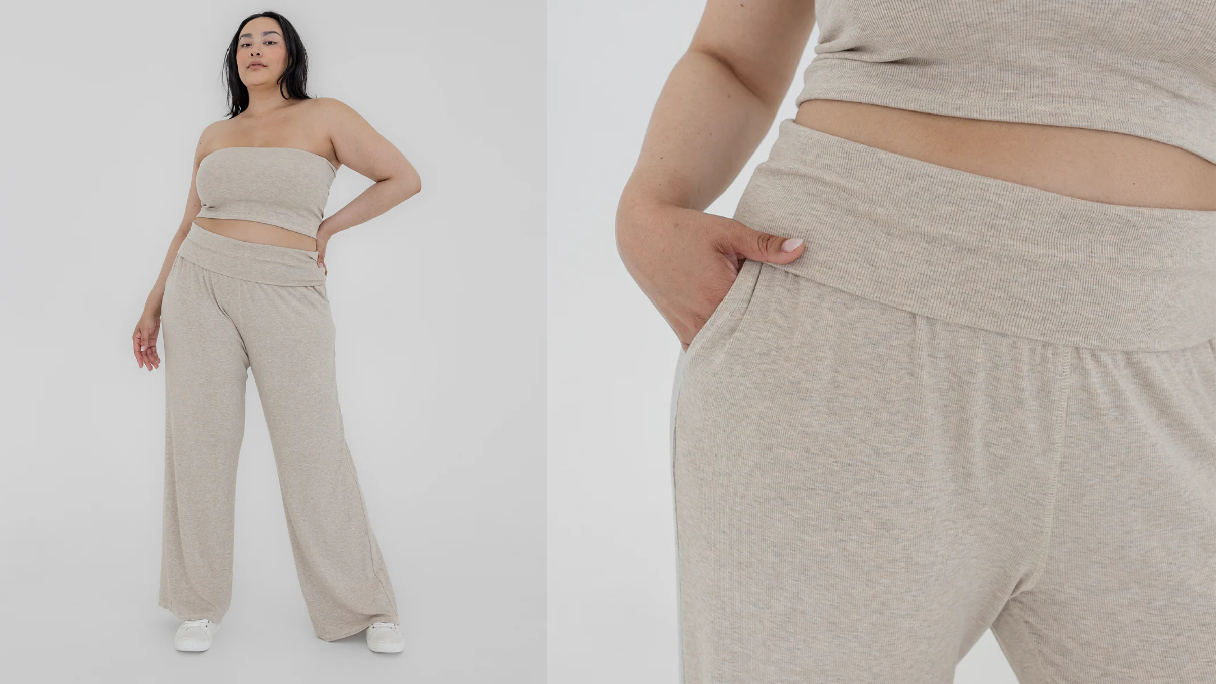 composite image of woman in oatmeal-colored wide-leg yoga pants, best yoga gifts