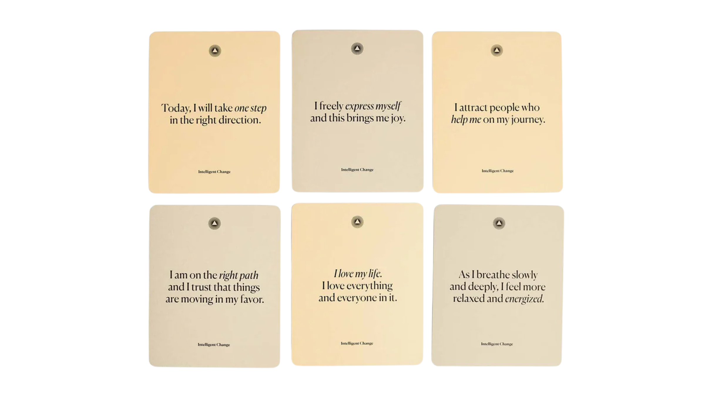 six yellow cards with affirmations on white background, best yoga gifts