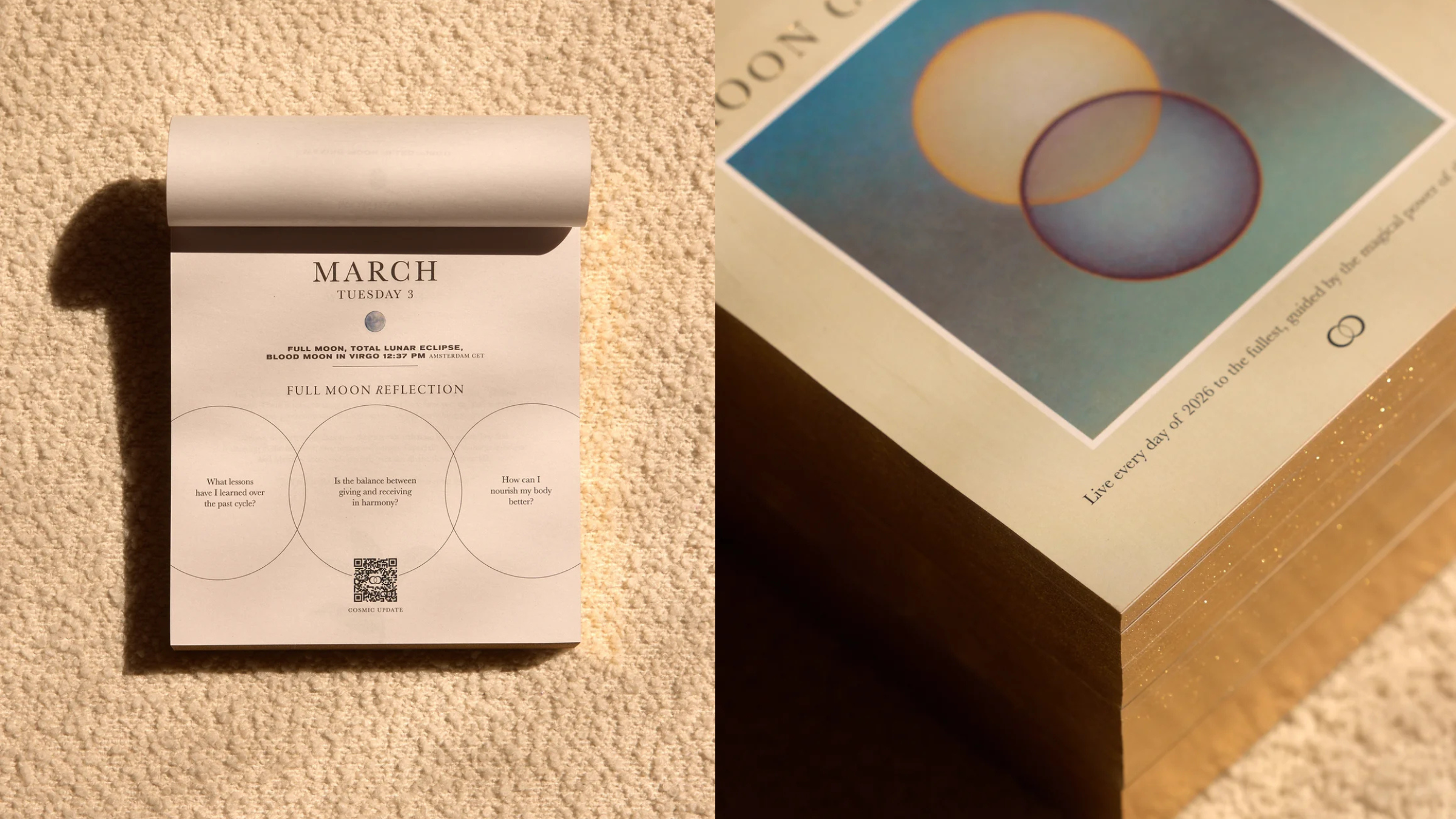 composite image of small daily moon calendar on tan-colored background, best yoga gifts